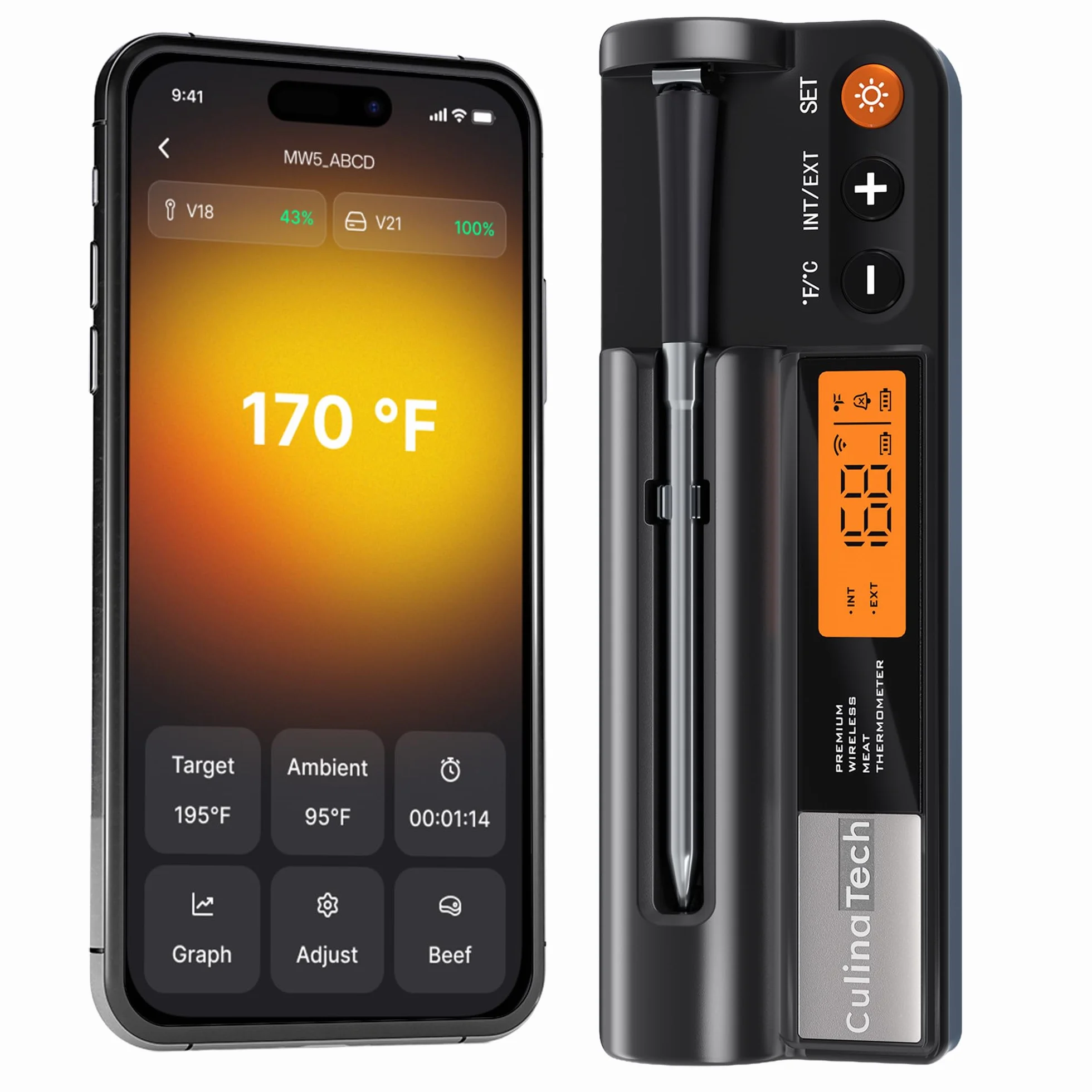 Termómetro inalámbrico para carne con Bluetooth, monitoreo por app con temporizador y alarma, IPX7 Impermeable, multisensor, termómetro inalámbrico para cocina