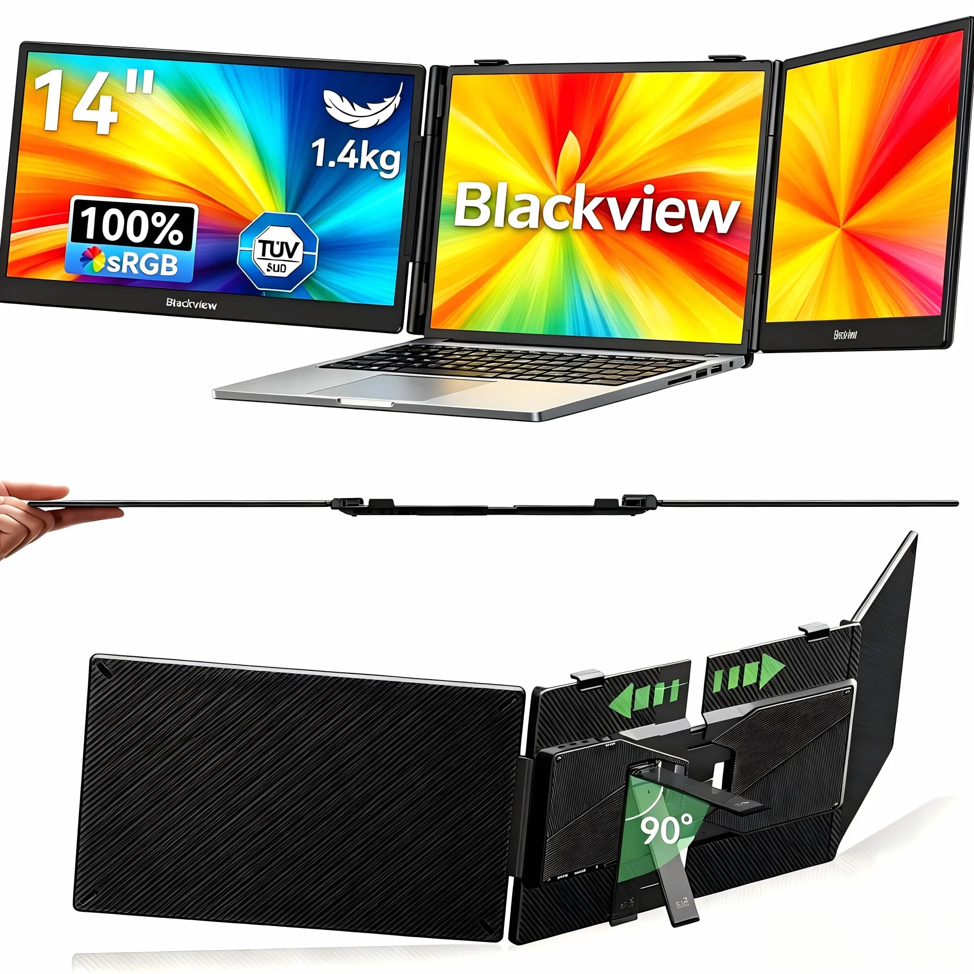Blackview DCM5 Monitor Portátil Triple Ultradelgado,14" FHD 1080P IPS Pantalla Portatil con Soporte,Certificación TÜV, HDMI/Type-C/USB Plug & Play con 13"-17.3" Windows/Mac/Chrome/Switch/PS5
