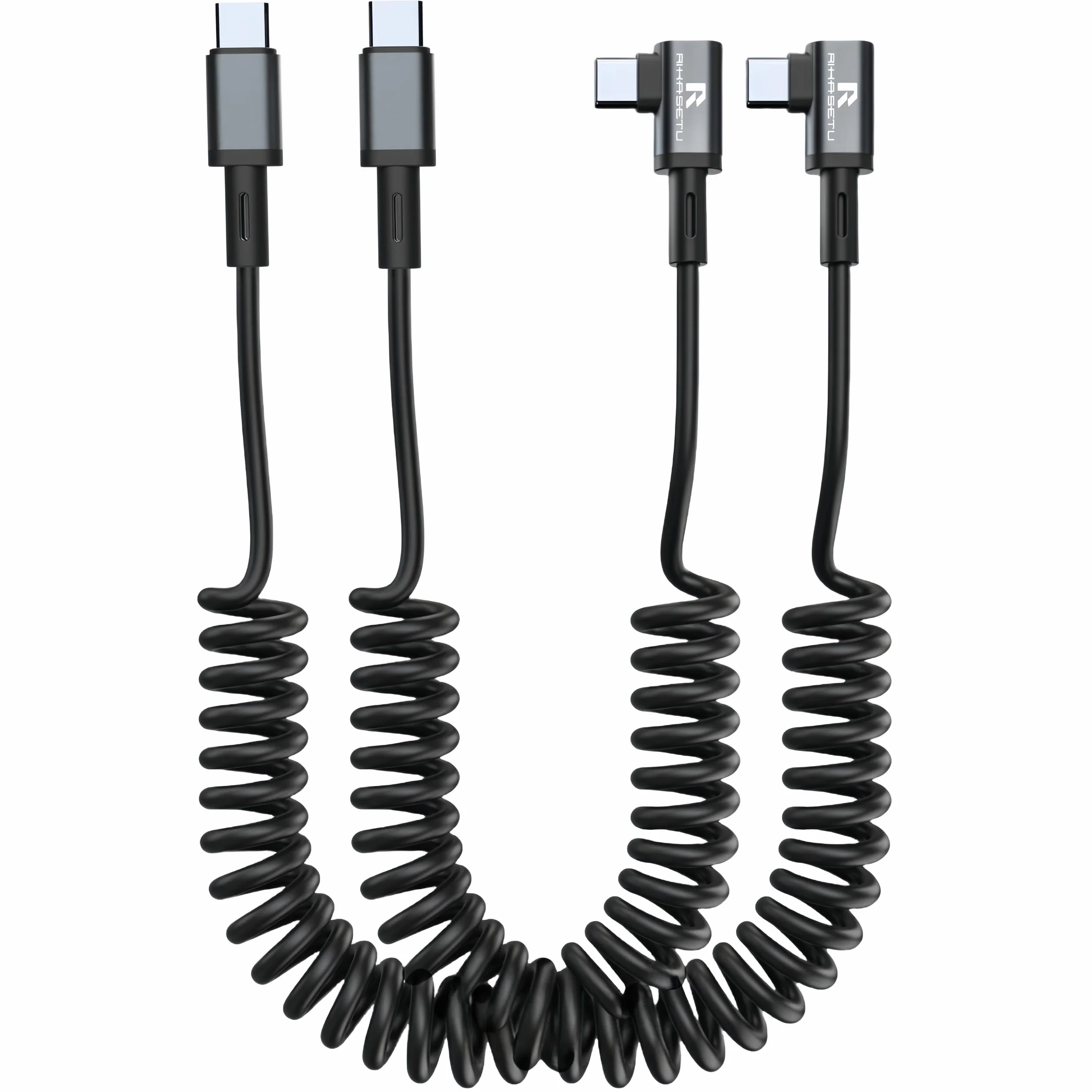 Cable USB C en espiral en ángulo recto USB C a USB C en espiral para Android Auto/Carplay, carga rápida USB tipo C, longitud recomendada [1.5 pies a 4 pies, paquete de 2] para iPhone 16/15 Series