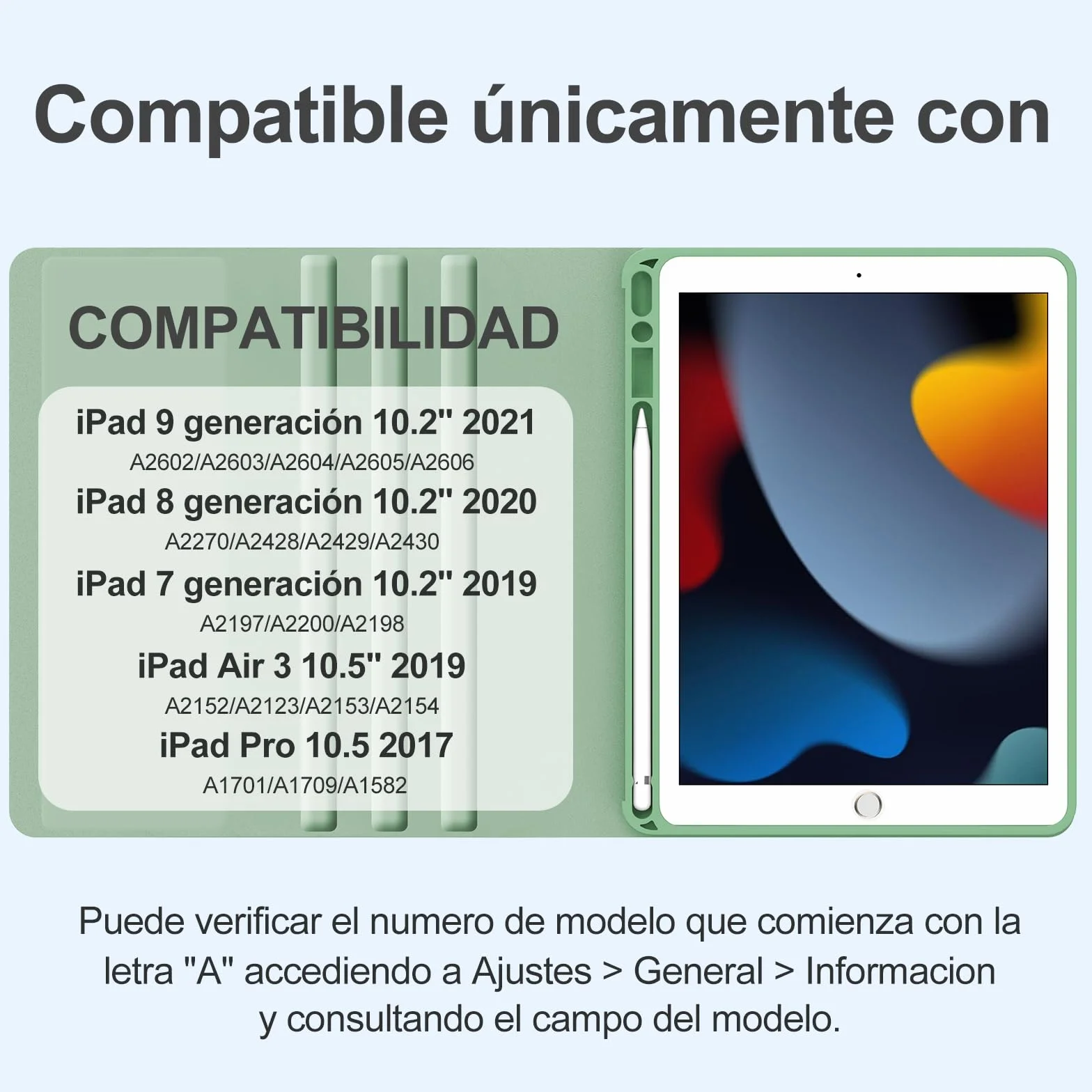 Funda Teclado para iPad 9/8/7 Generacion 10.2"/Air 3/iPad Pro 10.5 10.5" | Capa Keyboard Bluetooth Magnético, QWERTY Español Ñ, Case Desmontable con portalápices para iPad 2021/2020/2019, Verde claro