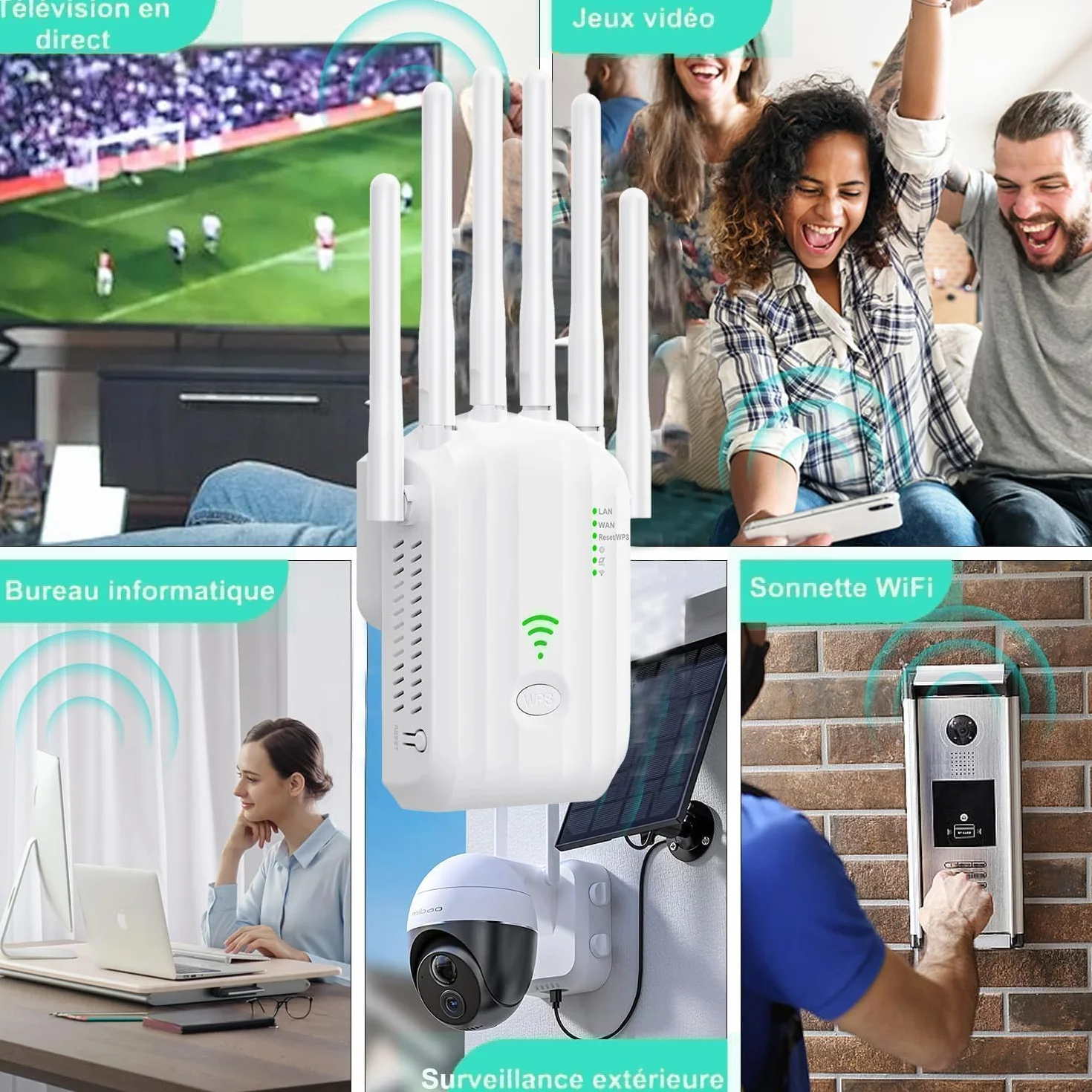 Repetidor WiFi,Amplificador señal WiFi Potente,6 Antenas,2 Puertos LAN,Cobertura Total de 360°,Cobertura de hasta 11800Sq.Ft,repetidor WiFi Largo Alcanc,para oficinas y hogares,Easy (Blanco)