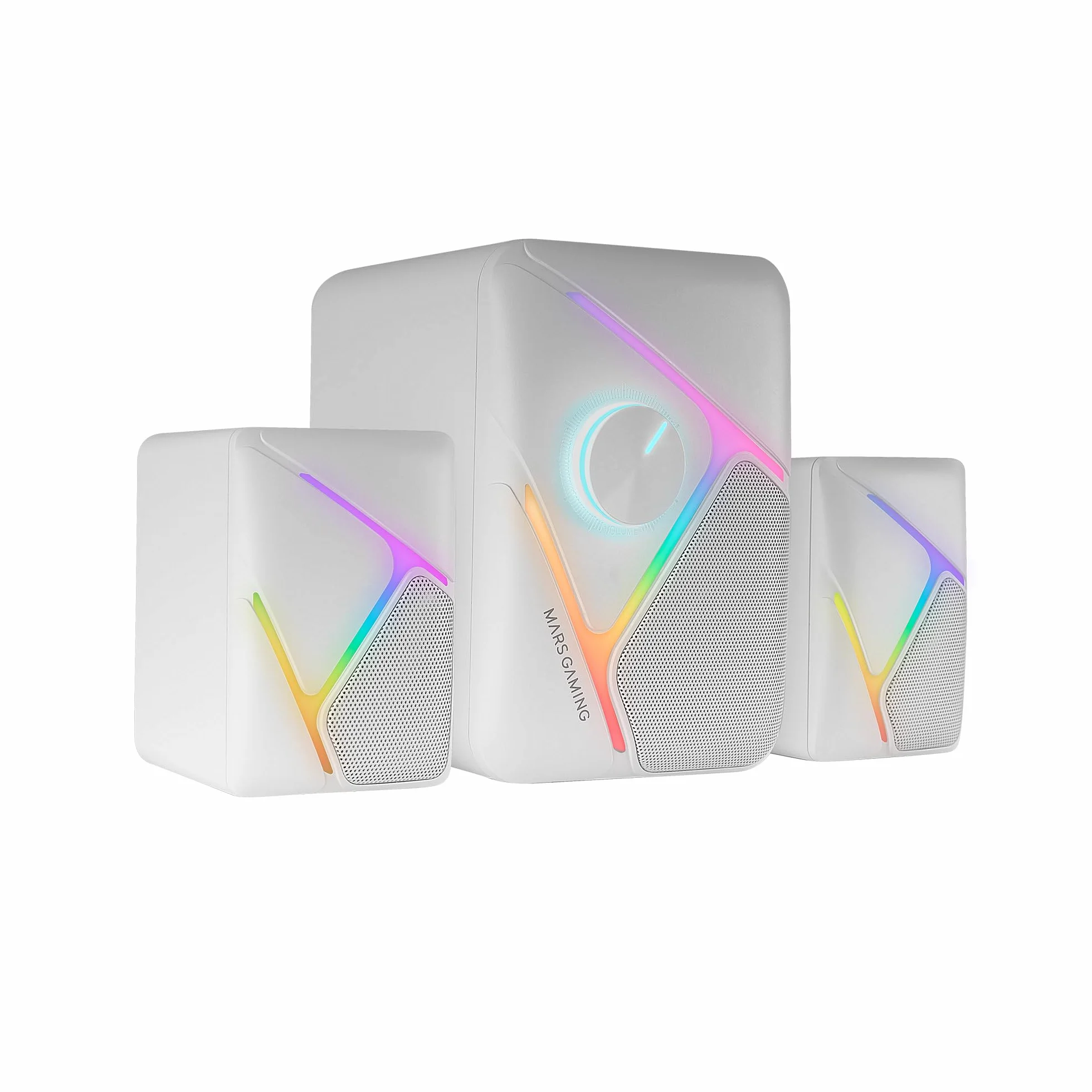 Mars Gaming MS-H21, Altavoces Gaming RGB 2.1 y Subwoofer 35W, Sistema Drivers Invertidos 3D Surround, Altavoces Compactos con Iluminación Dinámica RGB, Alimentación USB y Conector Jack 3.5mm, Blanco
