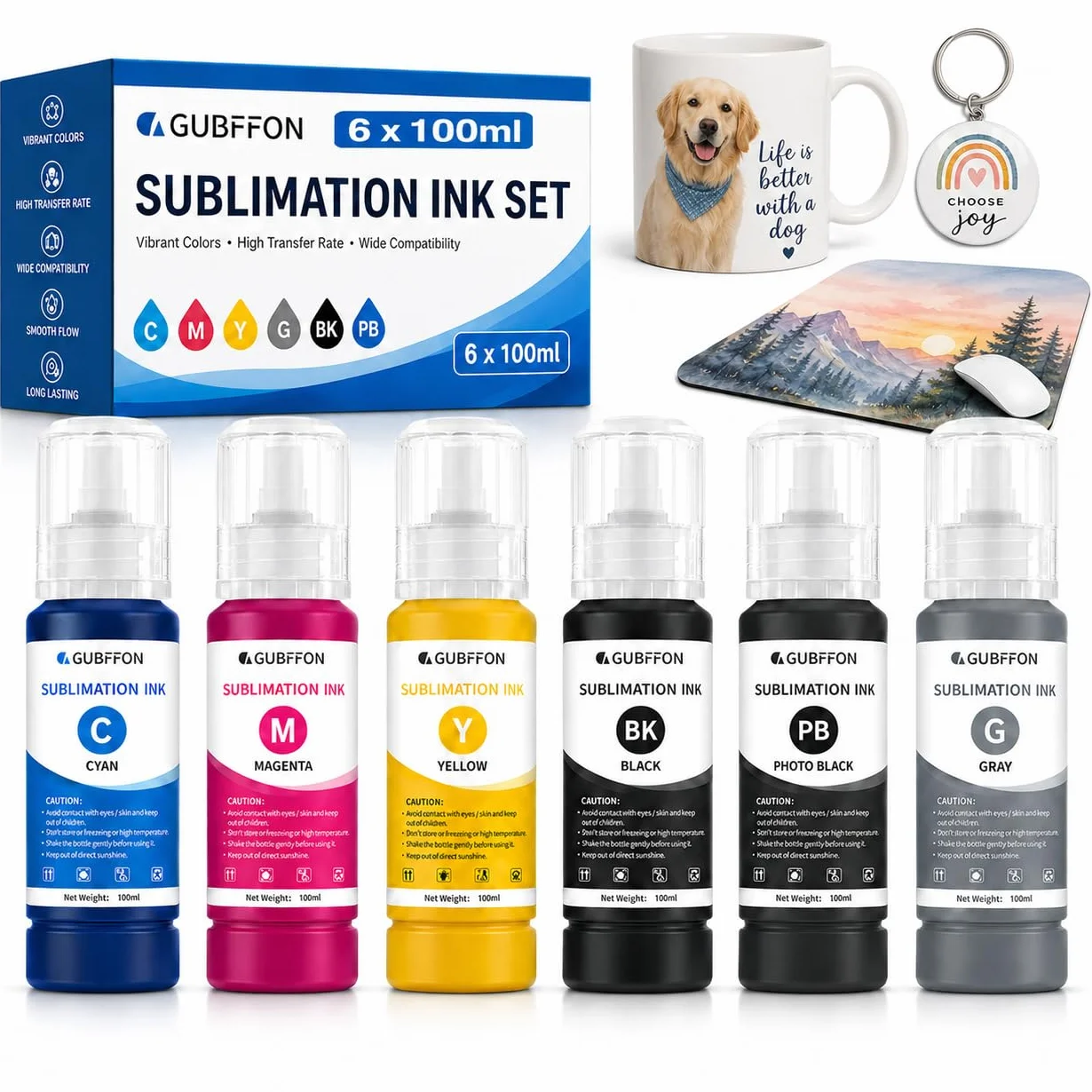 Tinta de sublimación para impresoras Ecotank ET-8550 ET-8500 de formato ancho Supertank, transferencia de prensa de calor en vasos de camiseta (6 x 100 ml BK PB C M Y GY), llenado automático