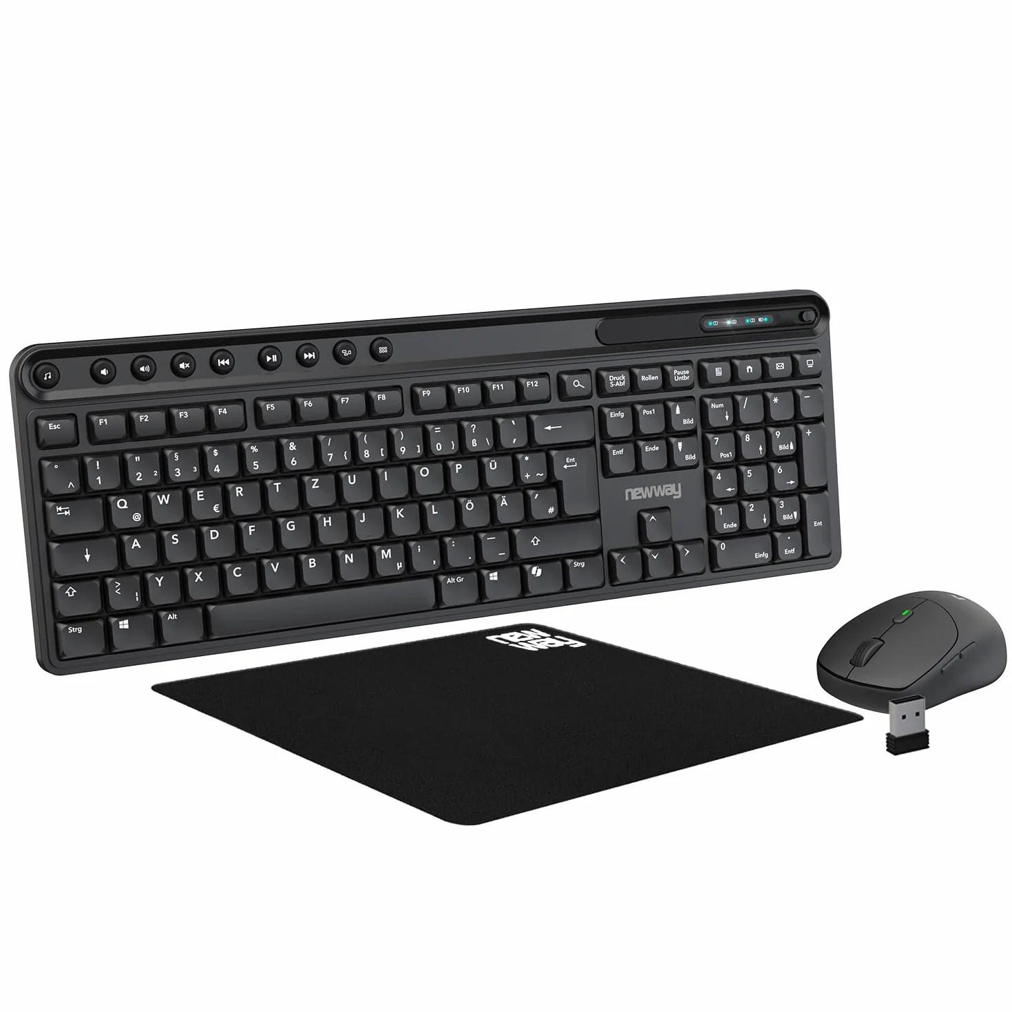 NEWWAY NKMP252 – Teclado inalámbrico ratón Set 2,4 GHz – QWERTZ alemán – teclas silenciosas, 14 teclas multimedia, ratón ergonómico ligero de 6 botones, alfombrilla de ratón incluida, batería de larga