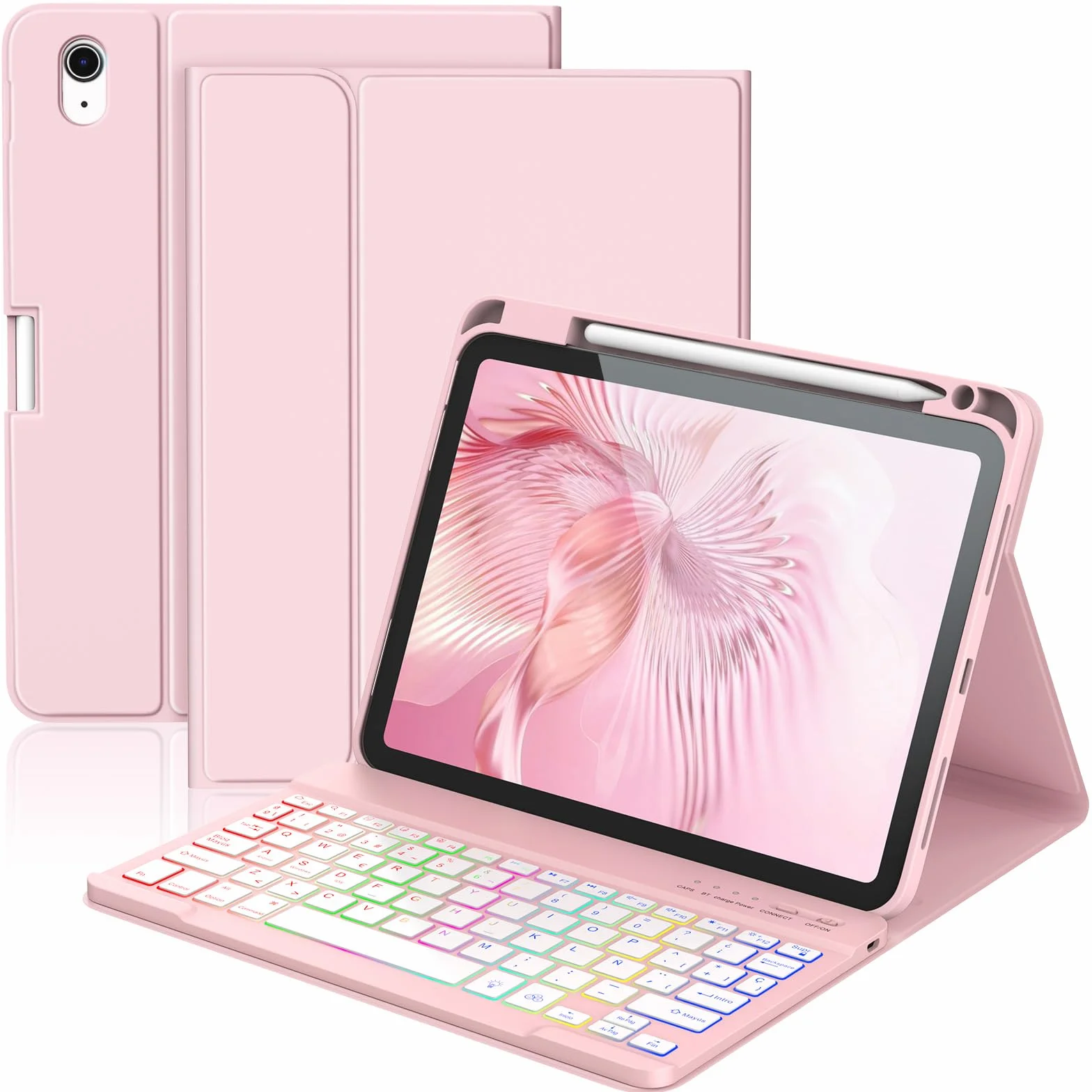 KBCASE Teclado for iPad A16 11.ª Generación 2025/10.ª Generación 2022 (10.9/11 Pulgada), Retroiluminado de 7 Colores Bluetooth Magnéticamente Teclado para iPad 11/10 Gen, Español Ñ, Rose
