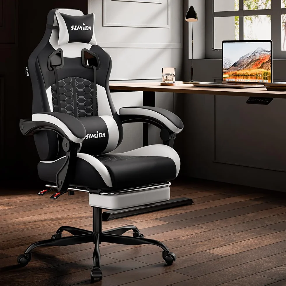 Silla Ergonómica para Videojuegos SUKIDA, Piel Sintética, Reposacabezas, Soporte Lumbar, 150 kg