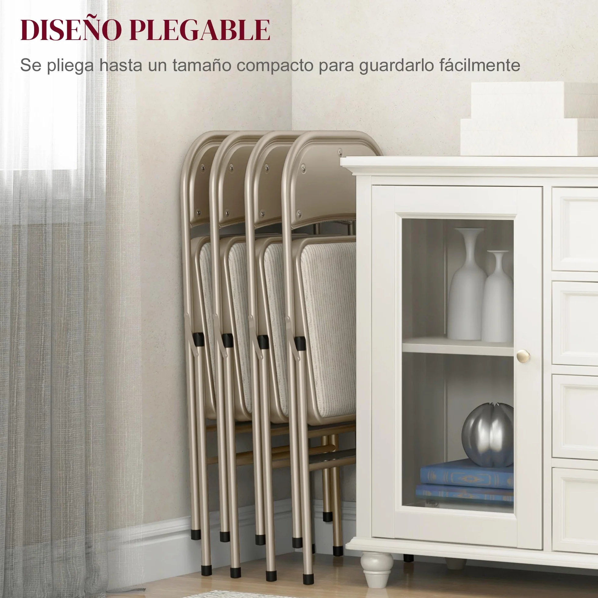 HOMCOM Juego de 4 Sillas Plegables Acolchadas con Respaldo y Estructura de Acero, 45x46x78 cm, Beige