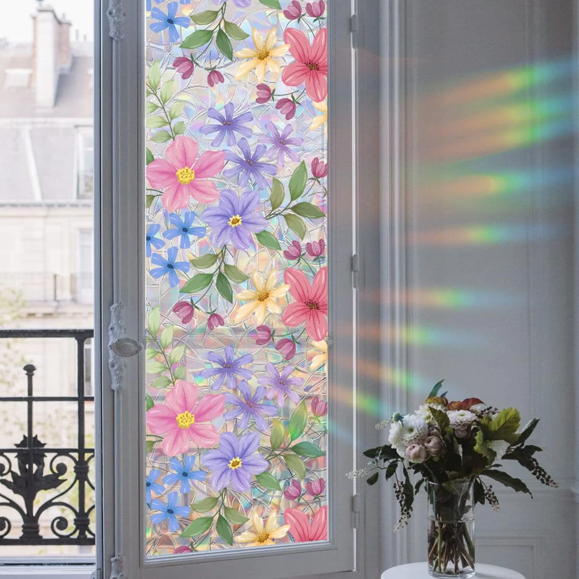 Runtoo 3D Vinilo Decorativo Vidrieras de Jardín Película de Privacidad para Ventana, Hojas Florales, Arcoíris, 17 x 40 Pulgadas