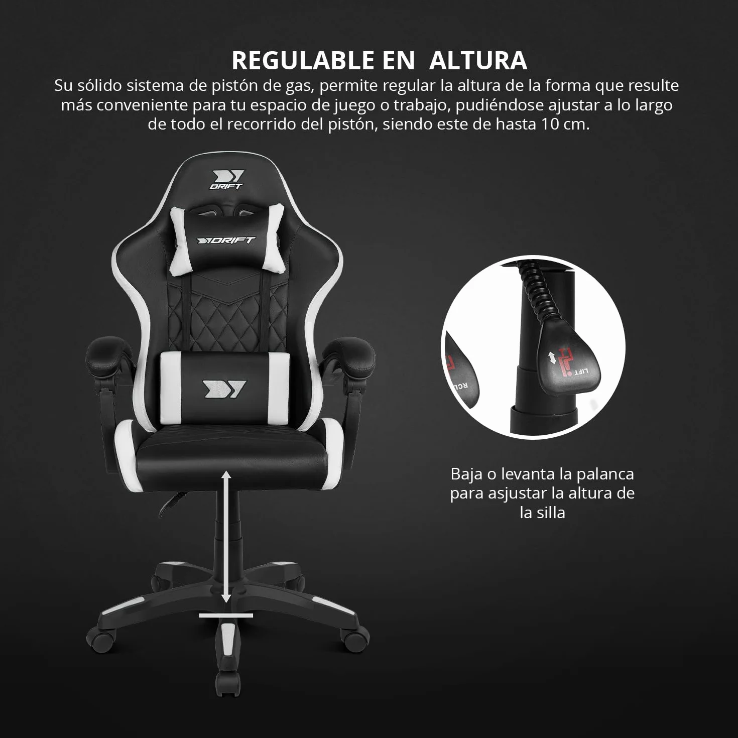 Drift Gaming DR35 Silla Profesional Polipiel Reposabrazos Acolchados Pistón Clase 3 Base Nylon Reforzada Negro/Blanco