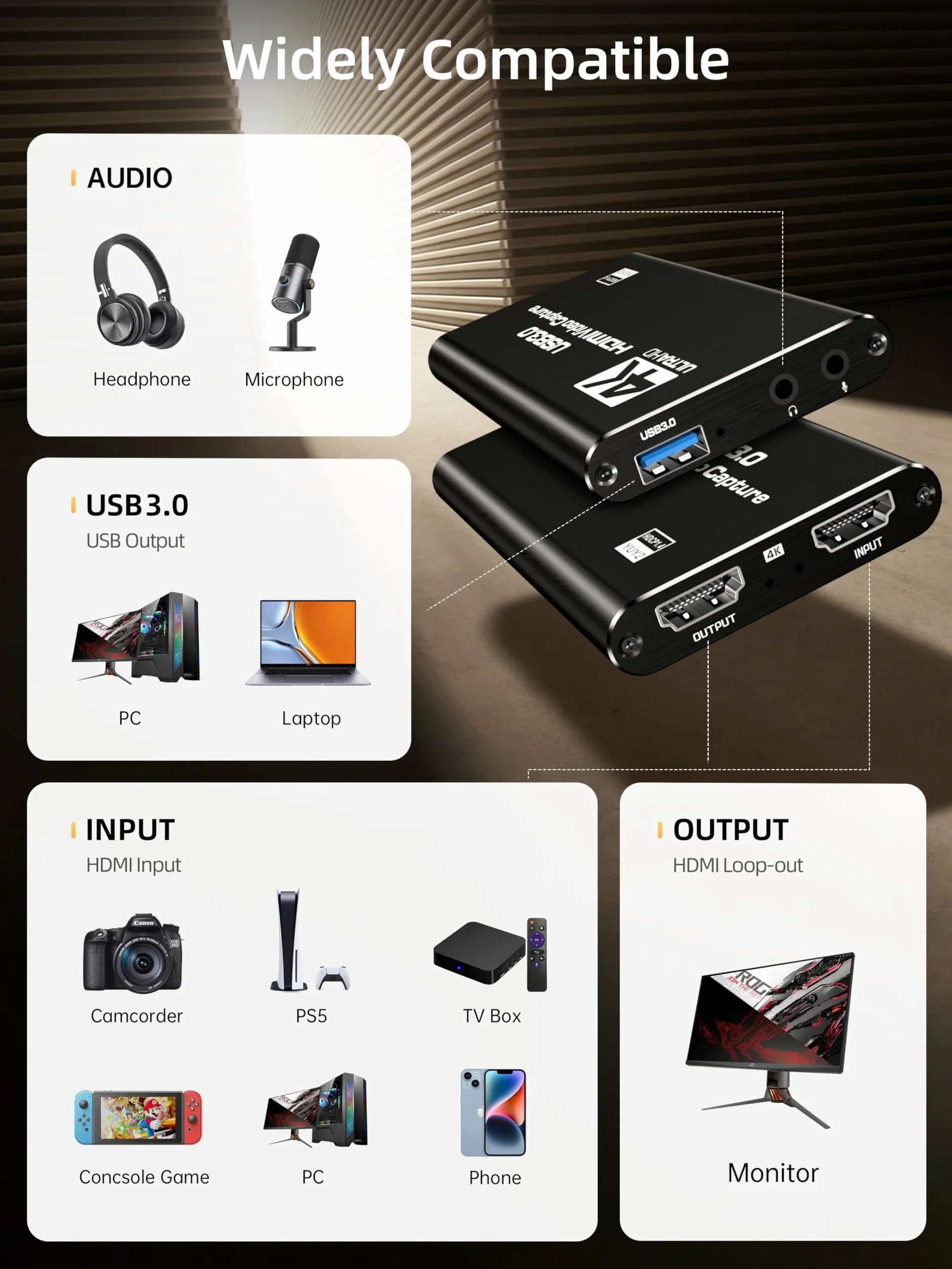 Tarjeta de captura HDMI, USB 3.0 1080P 60FPS tarjeta de captura de video con bucle HDMI y entrada de micrófono, captura de juego de baja latencia para transmisión, compatible con PS5/PS4/Xbox