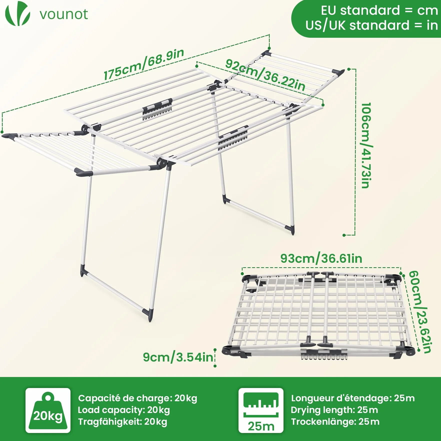 VOUNOT Tendedero de Ropa Plegable Extensible 25m Gran Capacidad 175x92x106cm Blanco