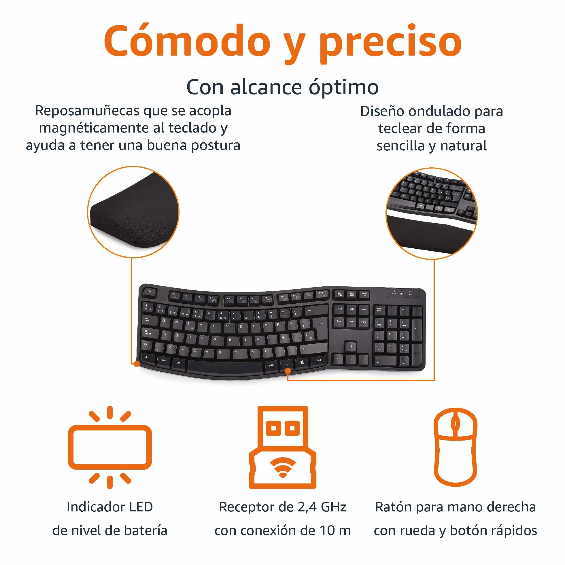Amazon Basics Conjunto de Teclado y ratón inalámbricos ergonómicos (Teclado español), Negro