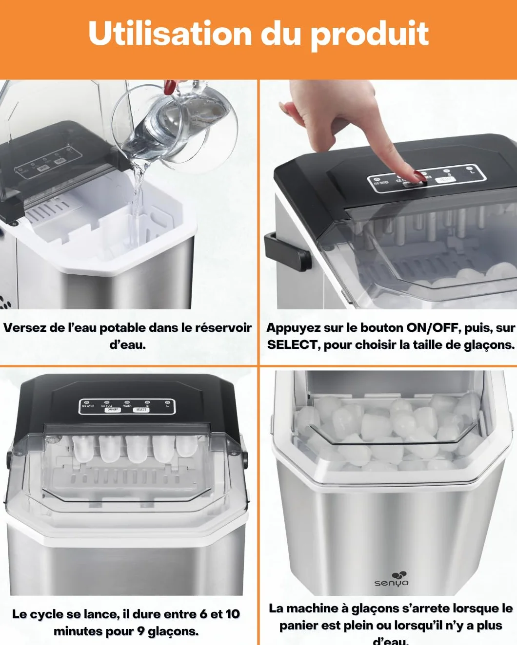 SENYA Máquina de cubitos de hielo 12 kg/24h 1,3 L acero inoxidable LED