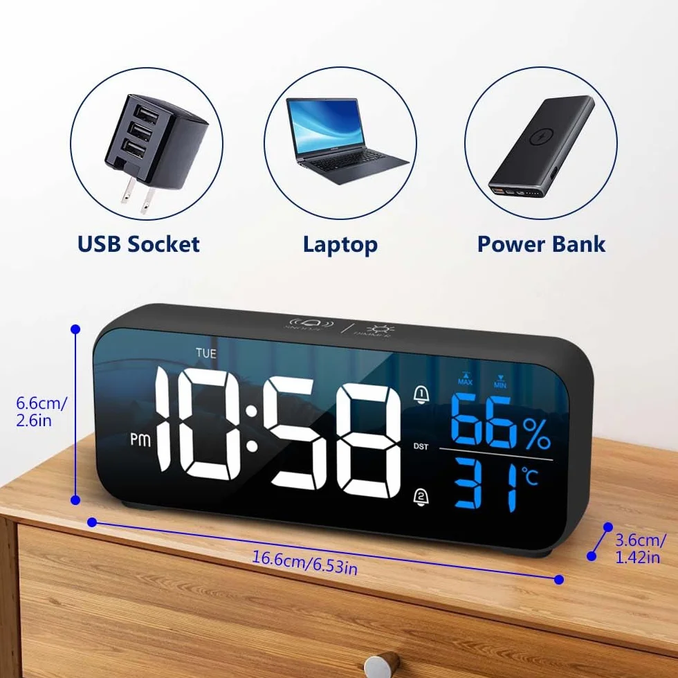Despertador Digital LED con Temperatura, Brillo Regulable y Snooze