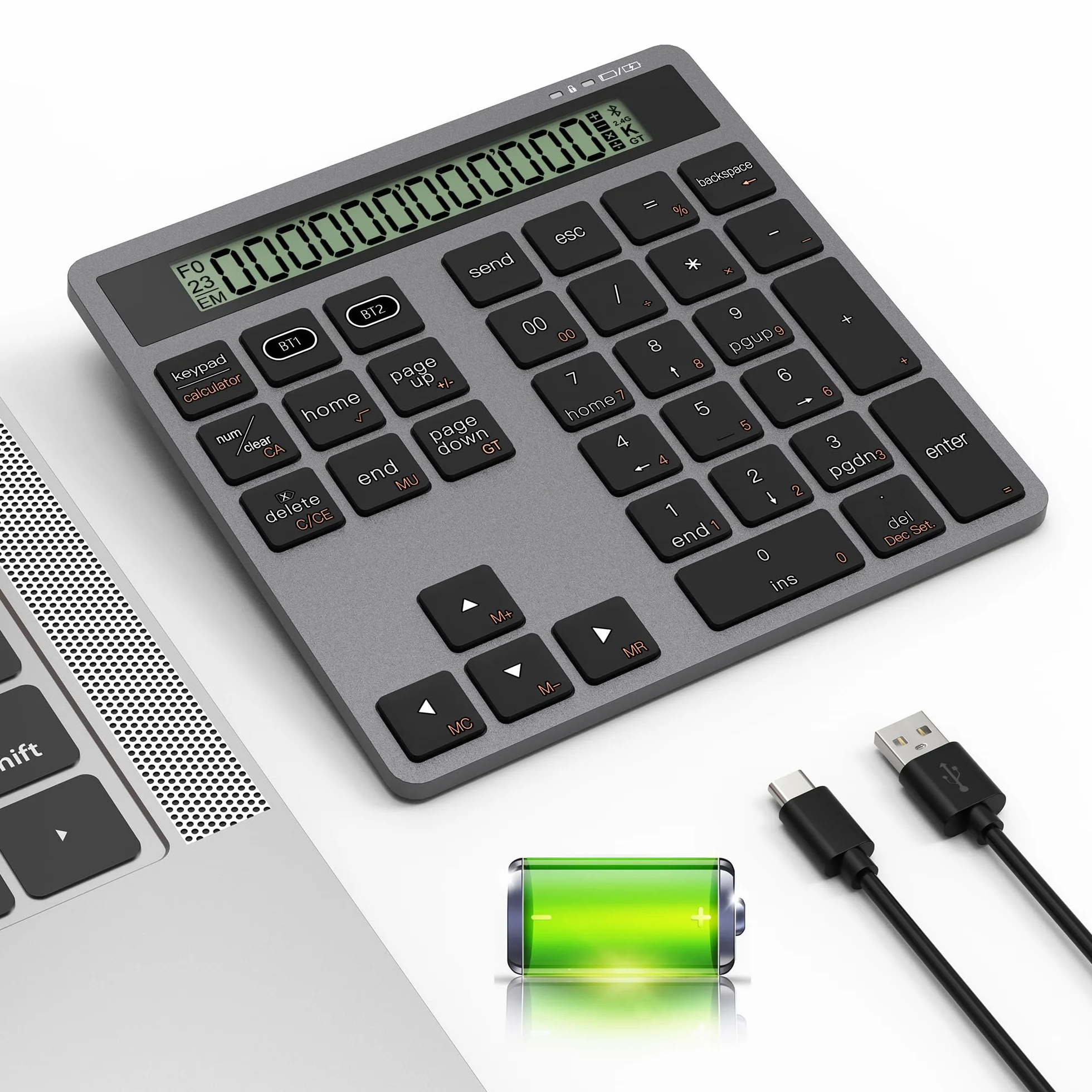 Teclado Numérico Inalámbrico Bluetooth con Calculadora - BT5.0 de 34 Teclas, USB-C Recargable Teclado Numérico para Tableta Portátil de Escritorio,Macbook,Phone, Modo de conexión con Cable y Bluetooth
