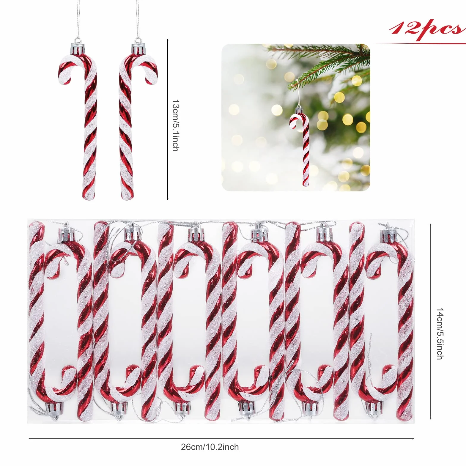 GWHOLE Colgantes de Árbol de Navidad 12pcs Bastones Caramelo Decoraciones Adornos Navideños - Rojo y Blanco