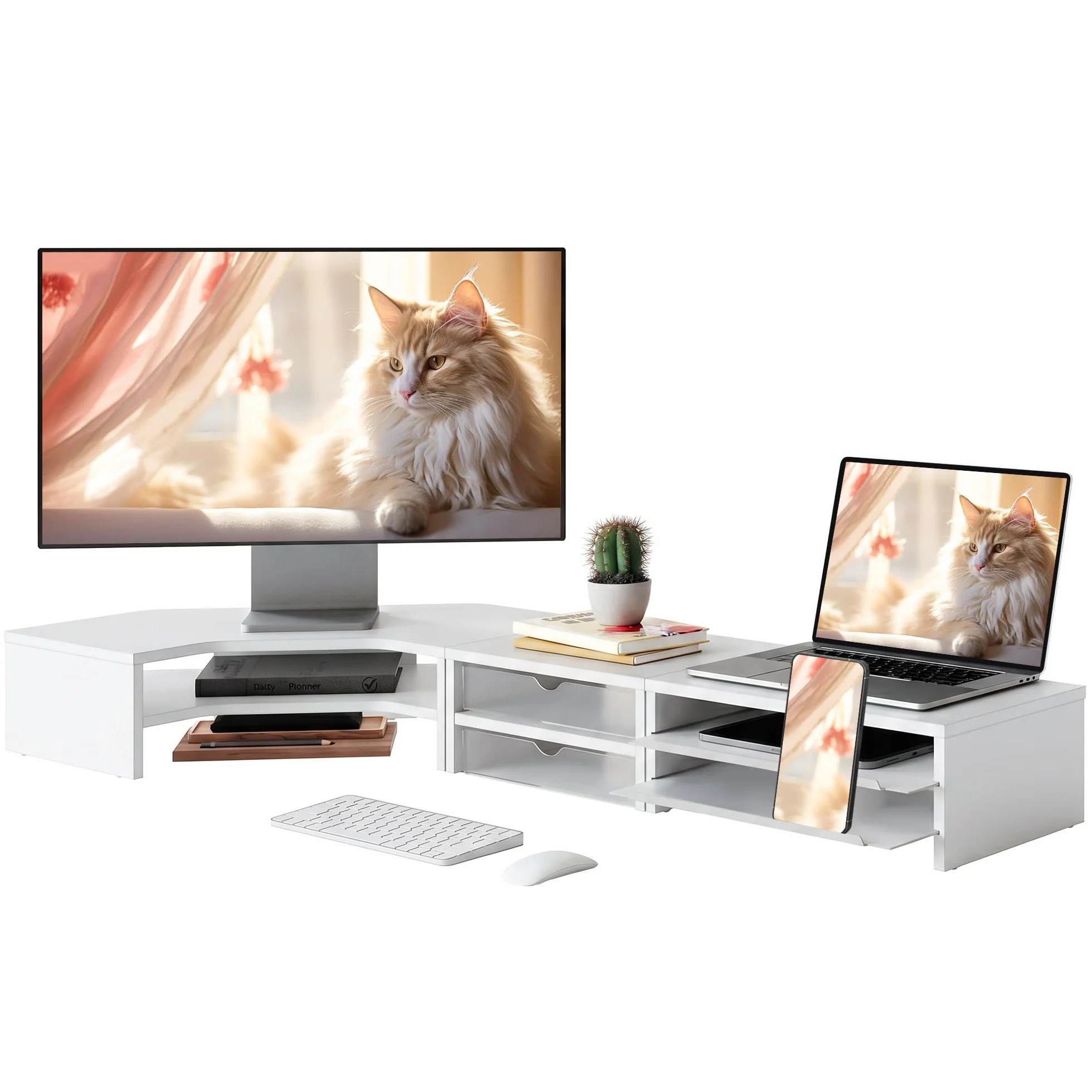 Fenge Soporte Monitor, 3 in 1 Modular, Pantalla Ordenador PC TV, Blanco | 2 Monitores, Hasta75kg, Soporte Móvil, 2 Tipos Cajones, Gestión Cables, Base Antideslizante, Portátil Escritorio Mesa Oficina