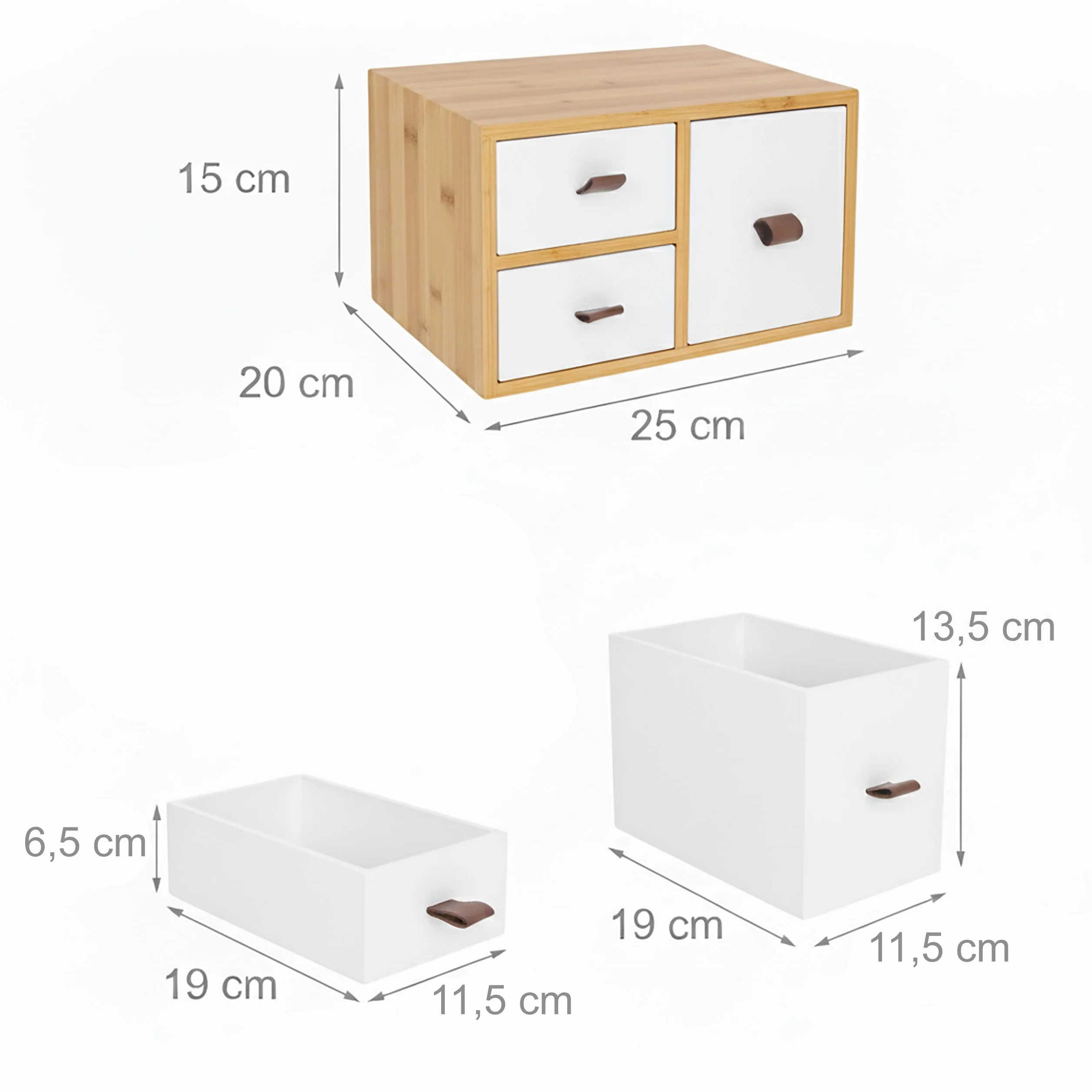 Relaxdays Caja con Cajones de Bambú y MDF, 3 Cajones, Organizador de Escritorio, 15x25x20 cm, Natural/Blanco
