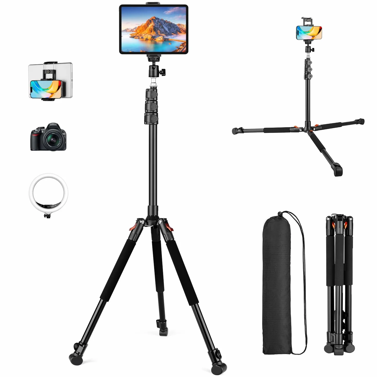 Nineigh 200CM Tripode para Tableta, Soporte de Suelo para Tableta, Trípode Ajustable en Altura para iPad y Teléfono, Compatible con iPhone, Camera, iPad Pro 9.7"/10.5" /11", Mini, Air