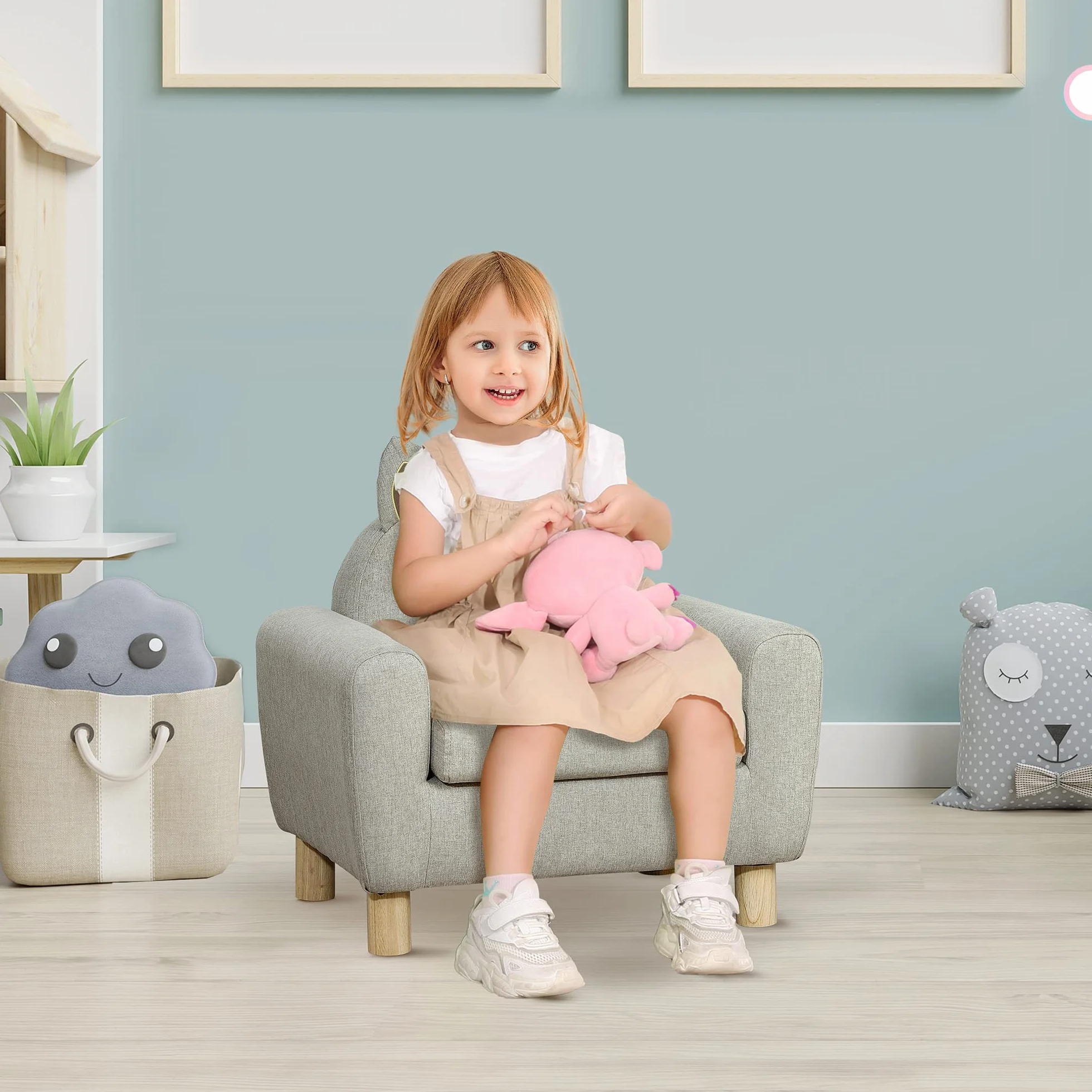 HOMCOM Sillón Infantil Mini Sofá para Niños 3 Años Asiento Acolchado Reposabrazos Bolsillo Almacenamiento Estructura Madera 45 kg 61x42x53 cm Marrón