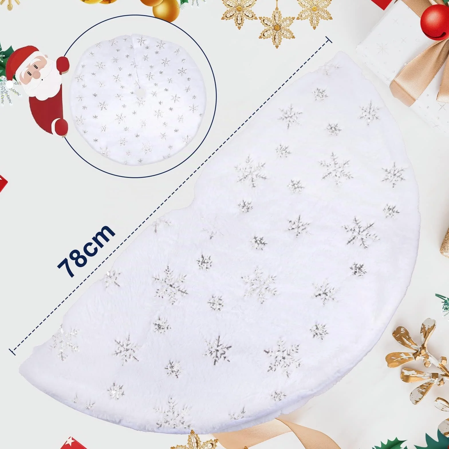 Falda Árbol de Navidad Blanco 78 CM Redondo Tapete Decoración Alfombra Manta Plata