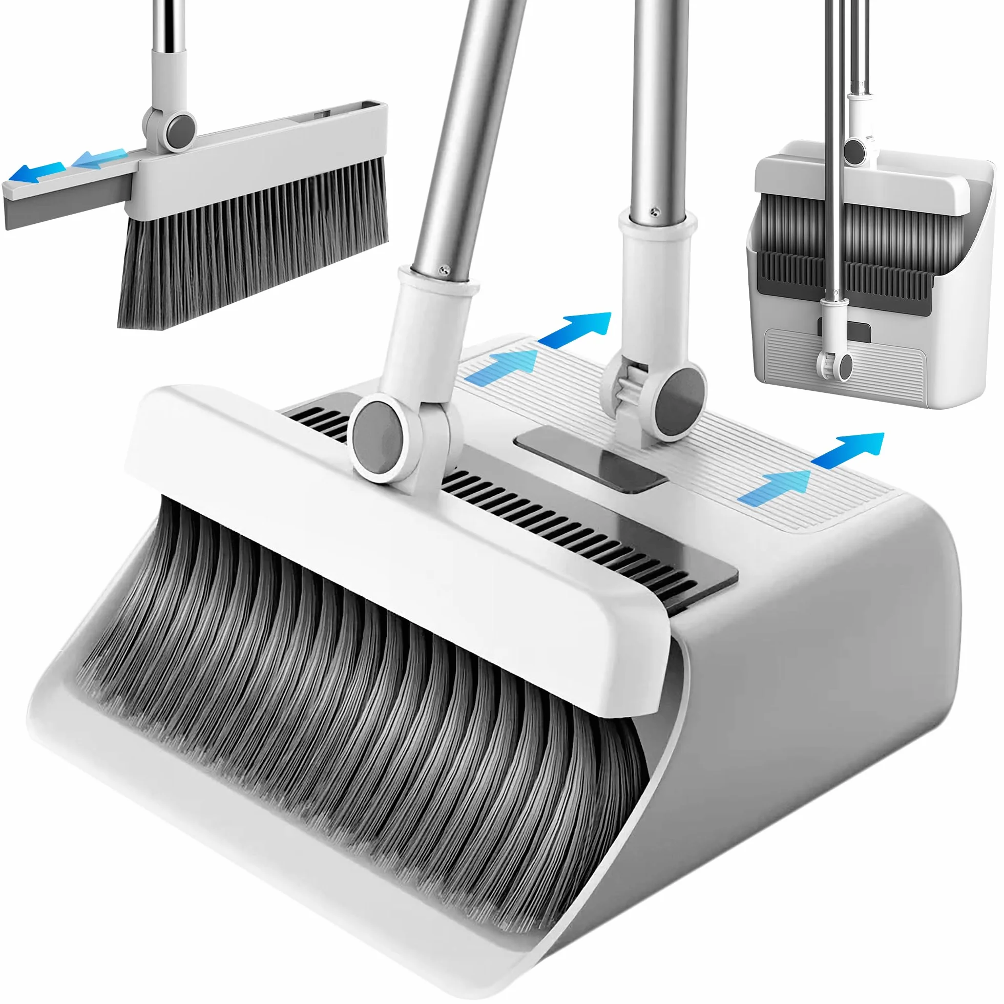 JUPPLIES Escoba y Recogedor Plegable 3 en 1 con Cepillo Extraíble y Limpiacristales Oculto - Mango Telescópico de 126 cm y Rotación de 180º - Limpieza del Hogar Oficina