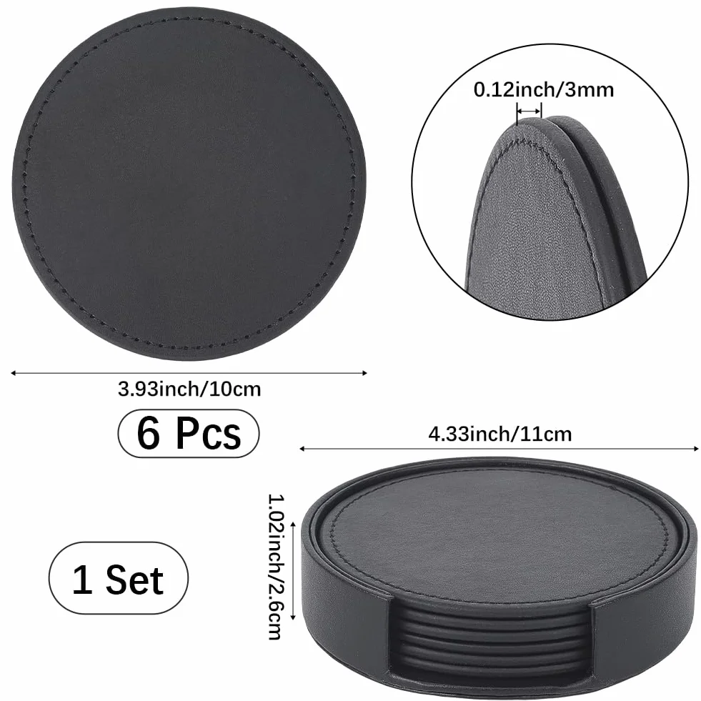 Posavasos de Cuero Sintético de 6cm Redondos Negros Antideslizantes con Protección contra Derrames