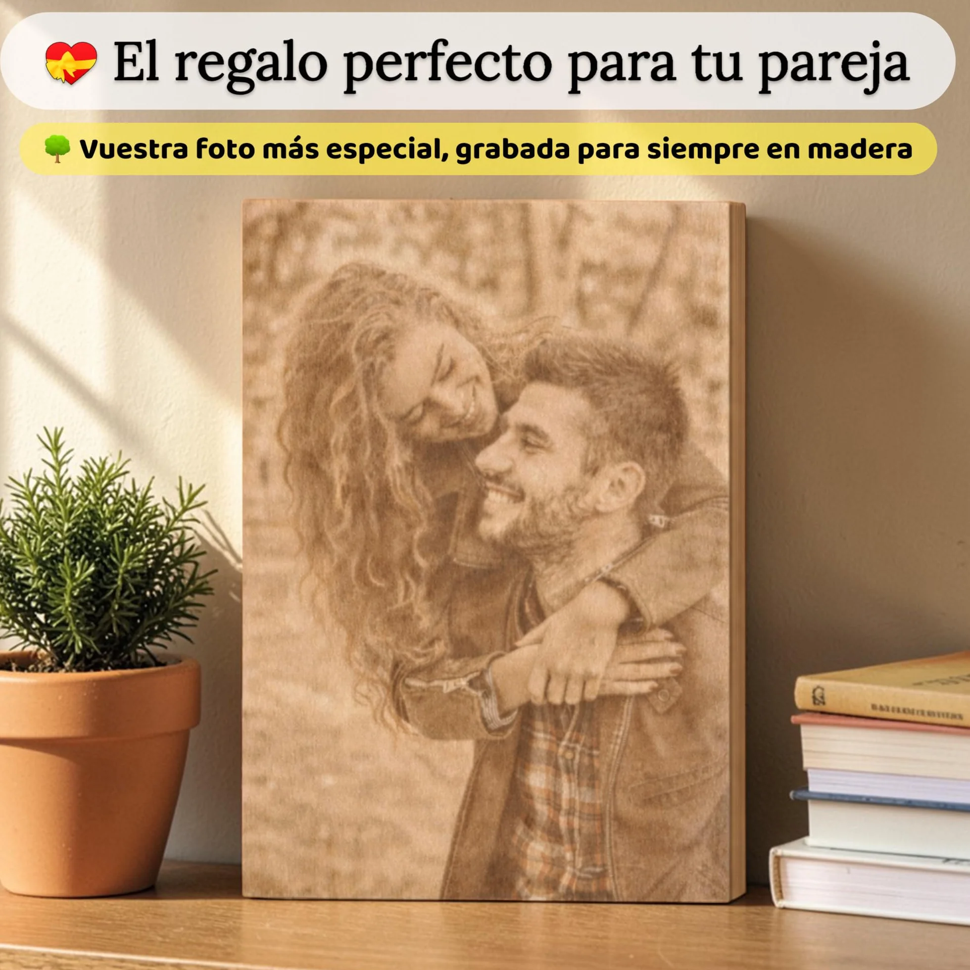 Regalo Personalizado para Pareja con Foto y Texto en Madera Natural - Cuadro Romántico Grabado con Imagen y Dedicatoria para Novio o Novia