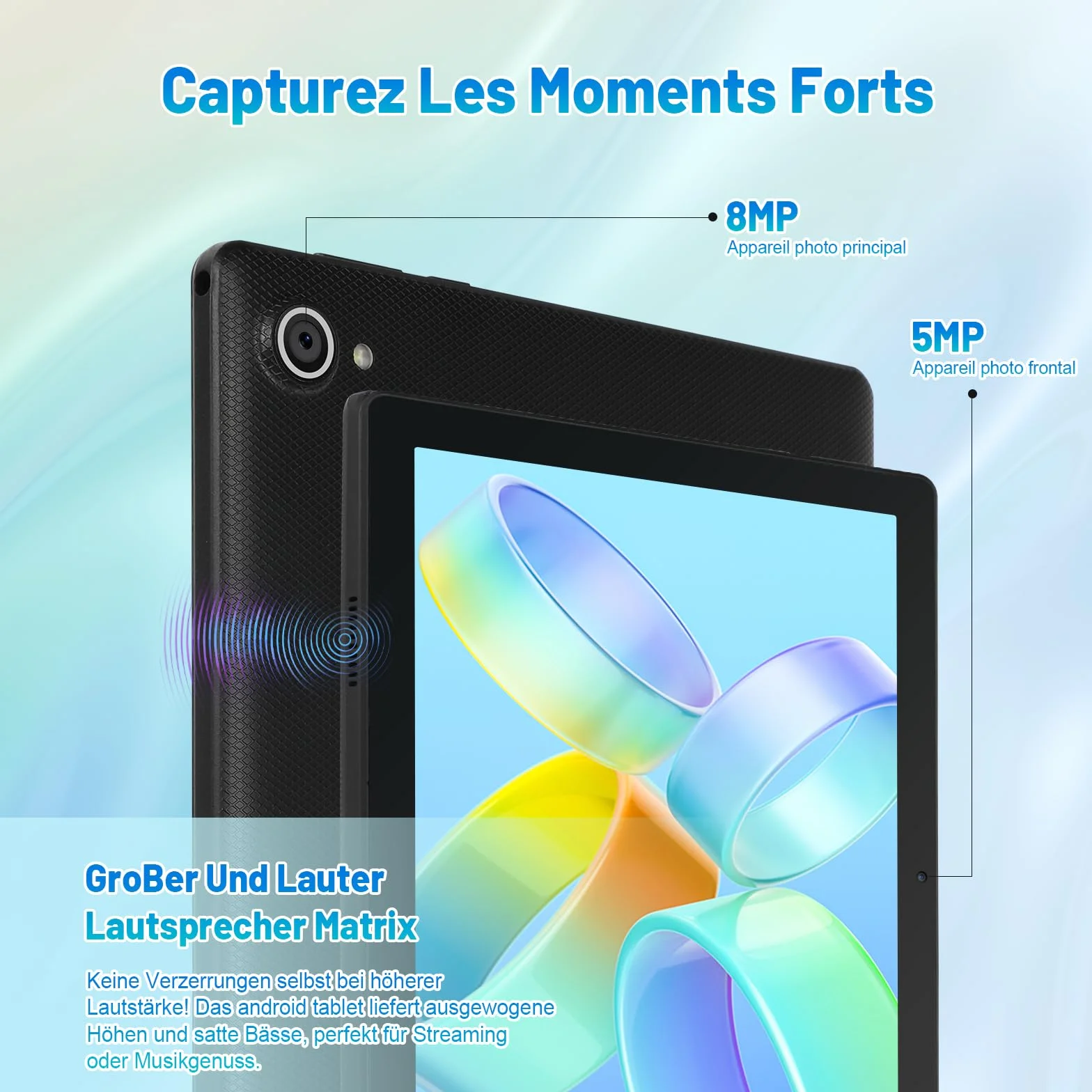Tablet 10 Zoll Android Octa-Core 8GB RAM 64GB ROM (1TB TF) 1280x800 IPS Pantalla táctil GMS-zertifizierter 5000mAh Tablet PC WiFi 6 Bluetooth 5.4 Widevine L1 Dual-Kamera