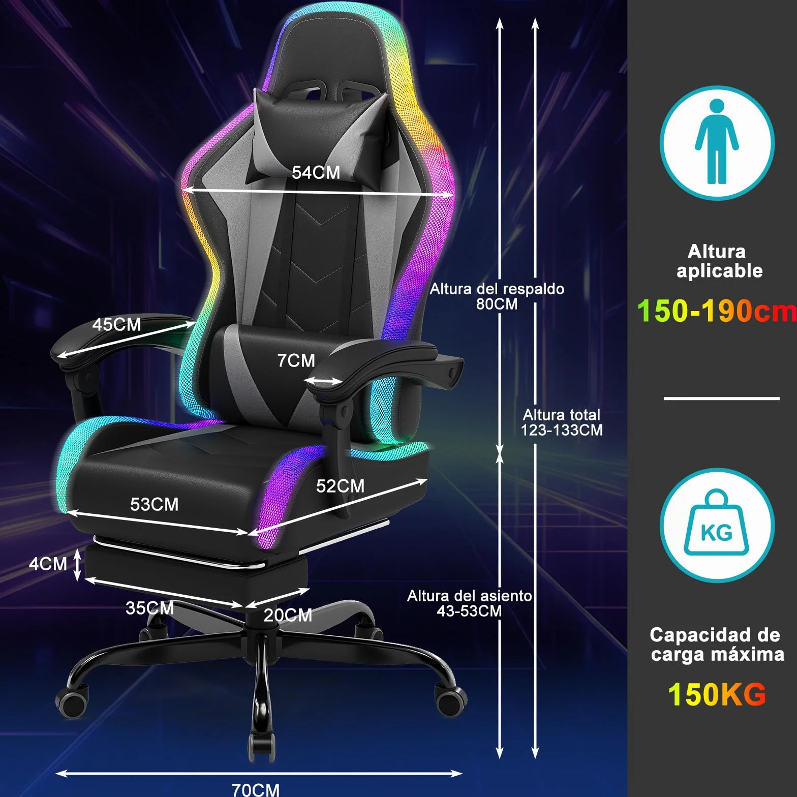 Devoko Silla Gaming con Masajeador y LED Ergonómica Oficina Reposapiés Iluminación RGB (Gray)