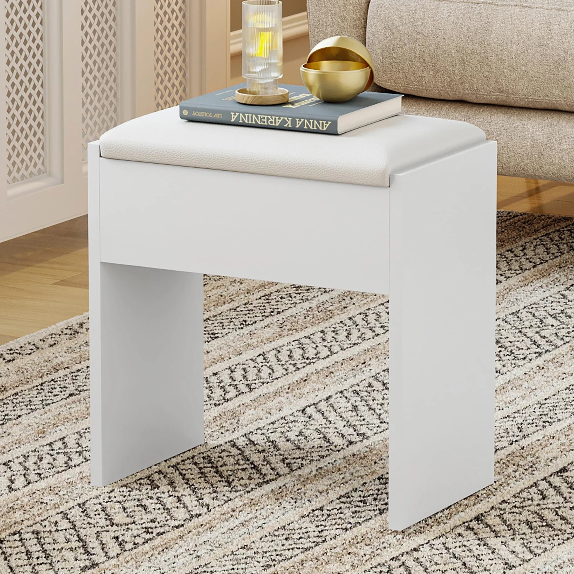 Taburete de Maquillaje de Madera Acolchado 40x23,5x43cm Blanco
