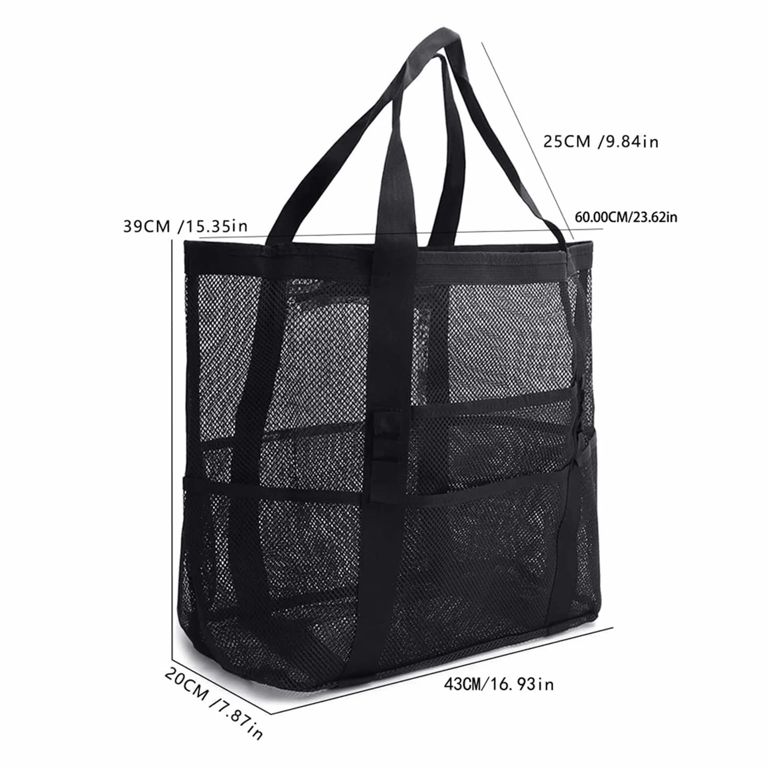 Bolsa de playa de malla grande reutilizable con cremallera, bolsa de cosméticos plegable (negro)
