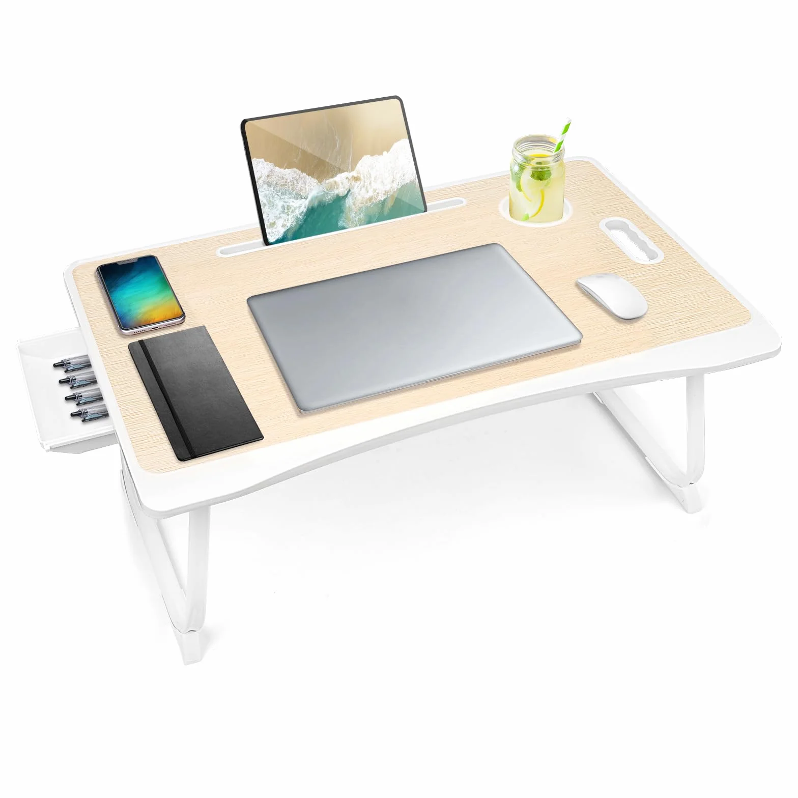 Amaredom Bandeja para Cama, Mesa Plegable de Desayuno, Ideal para Portátil, Ordenador y Libros, Ergonómica, con Cajón de Almacenamiento y Soporte para Tazas - Blanco