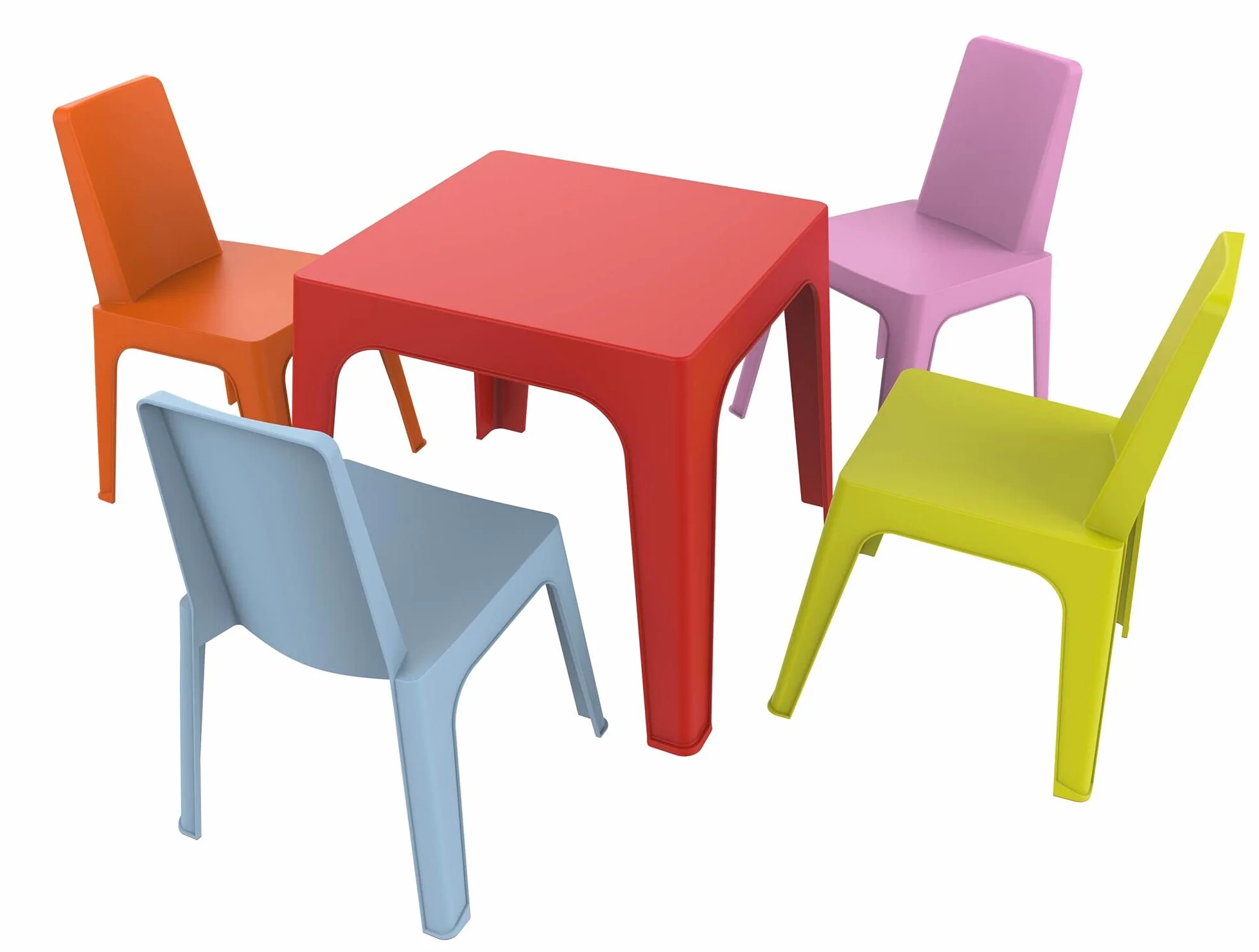 Resol Set Julieta Mesa Infantil y Sillas para Niños - Muebles Infantiles para Exterior y Jardín - 1 Mesa Roja + 4 Sillas Rosa/Naranja/Azul/Lima
