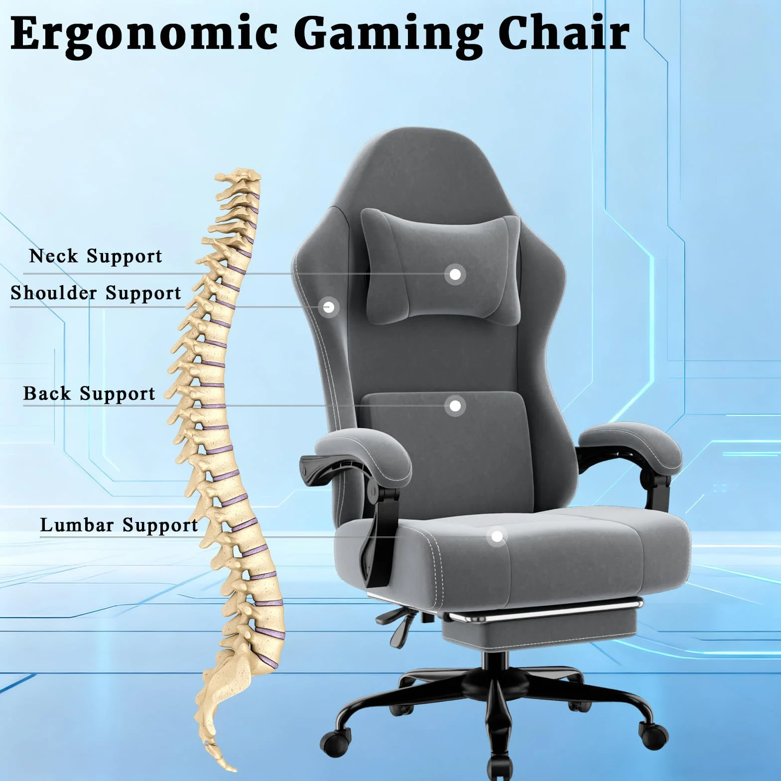 Silla Gaming Ergonómica con Muelles Ensacados, Reposapiés y Cojín Lumbar Ajustable, Gris Claro, Tamaño Grande