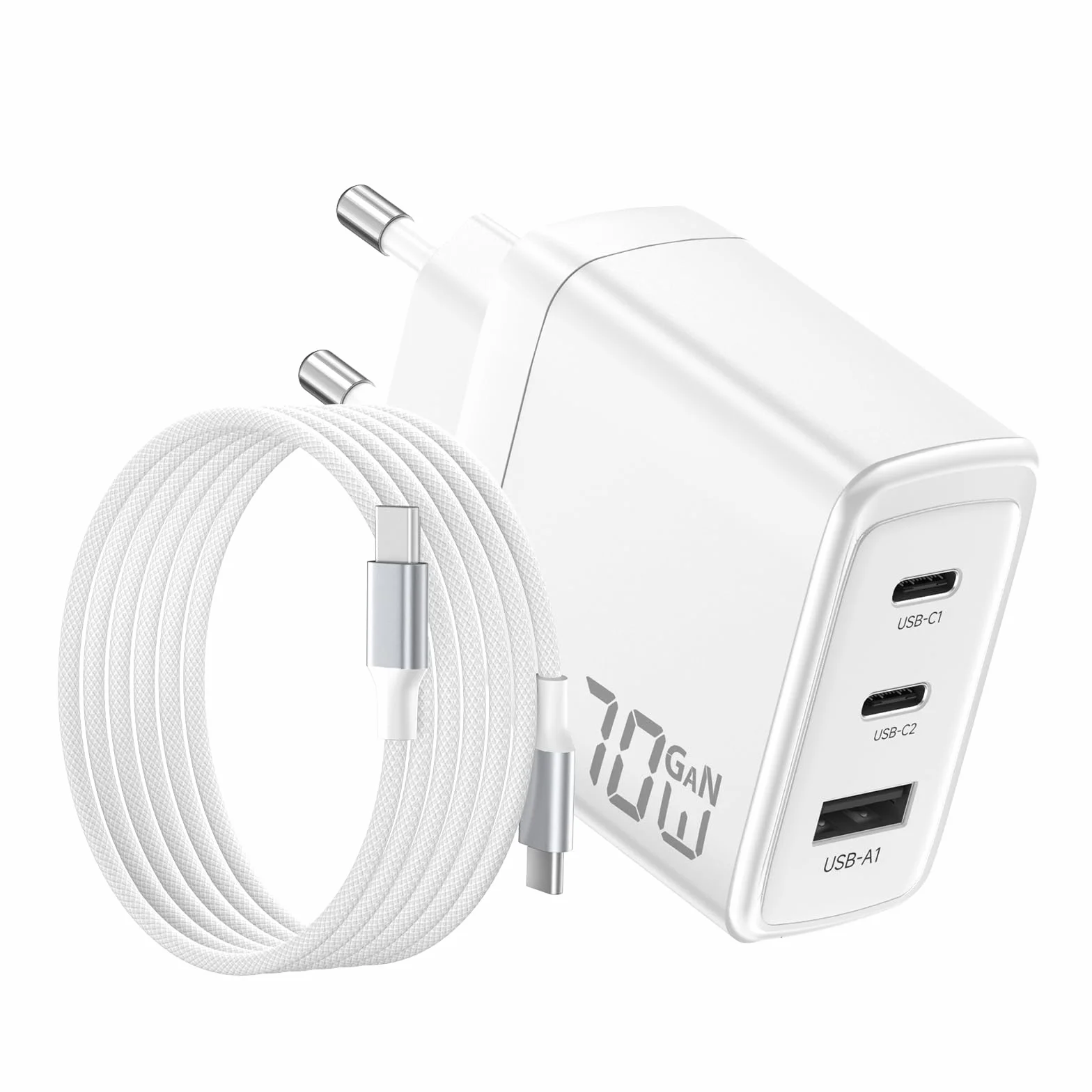 Cargador USB C 70W, Carga Ultra Rápida 3 Puertos PD3.0 PPS GAN II | con Cable Trenzado 2M, Compatible para MacBook Pro/Air, para iPhone 17/16/15, para Galaxy S26/25,para iPad, Pixel