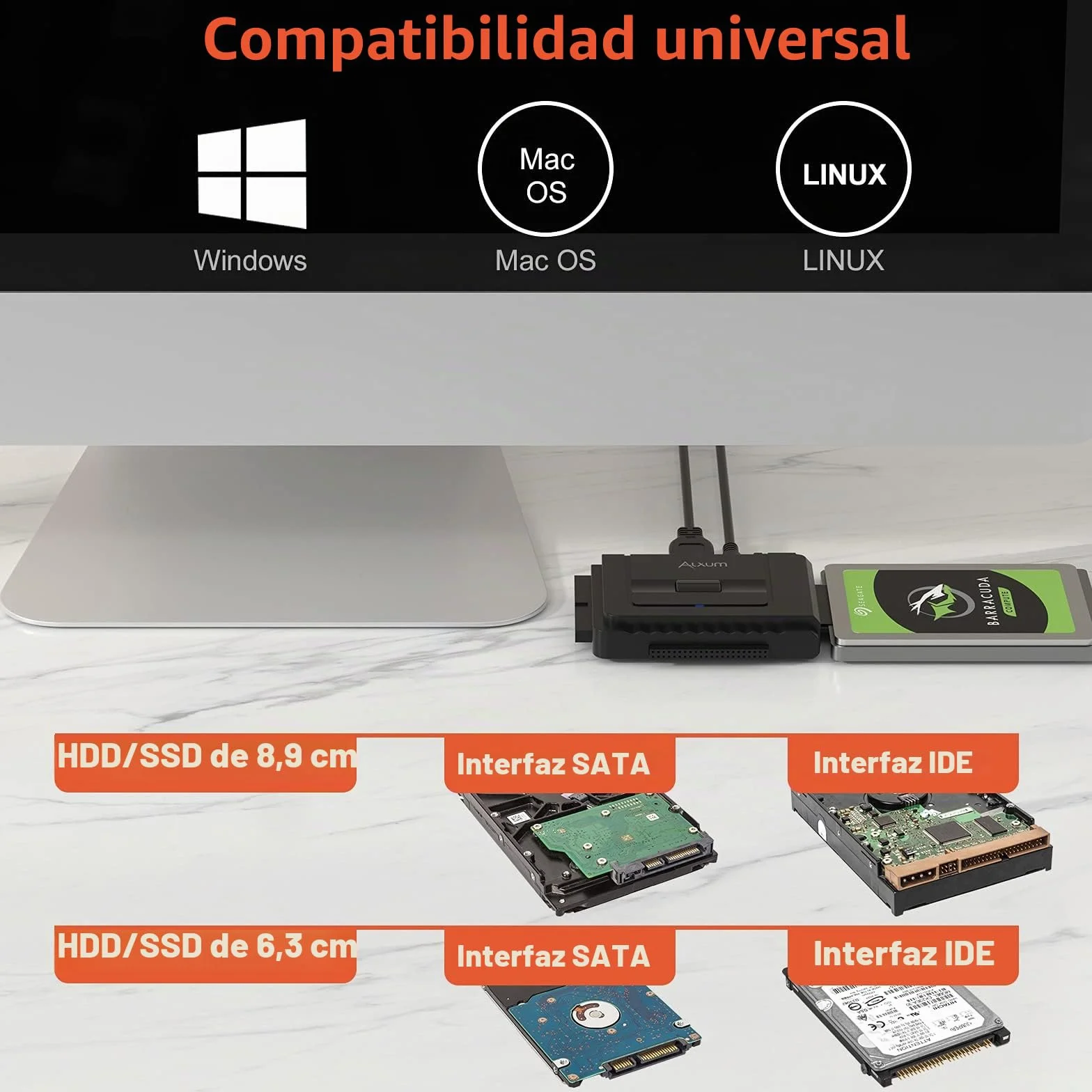 Alxum Adaptador de Disco Duro IDE SATA a USB C, Lector de Disco Duro IDE a USB para HDD de 2,5 / 3,5 Pulgadas y HDD / SSD SATA, con Fuente de alimentación de 12 V / 2 A y Cable USB-C