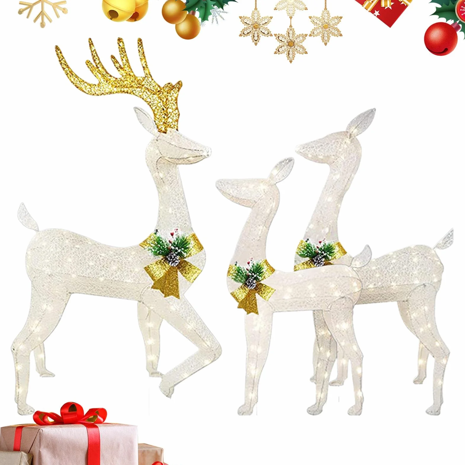 Decoración navideña de Reno con Luces LED, Juego de Ciervos de Navidad para Exteriores, 3 Piezas