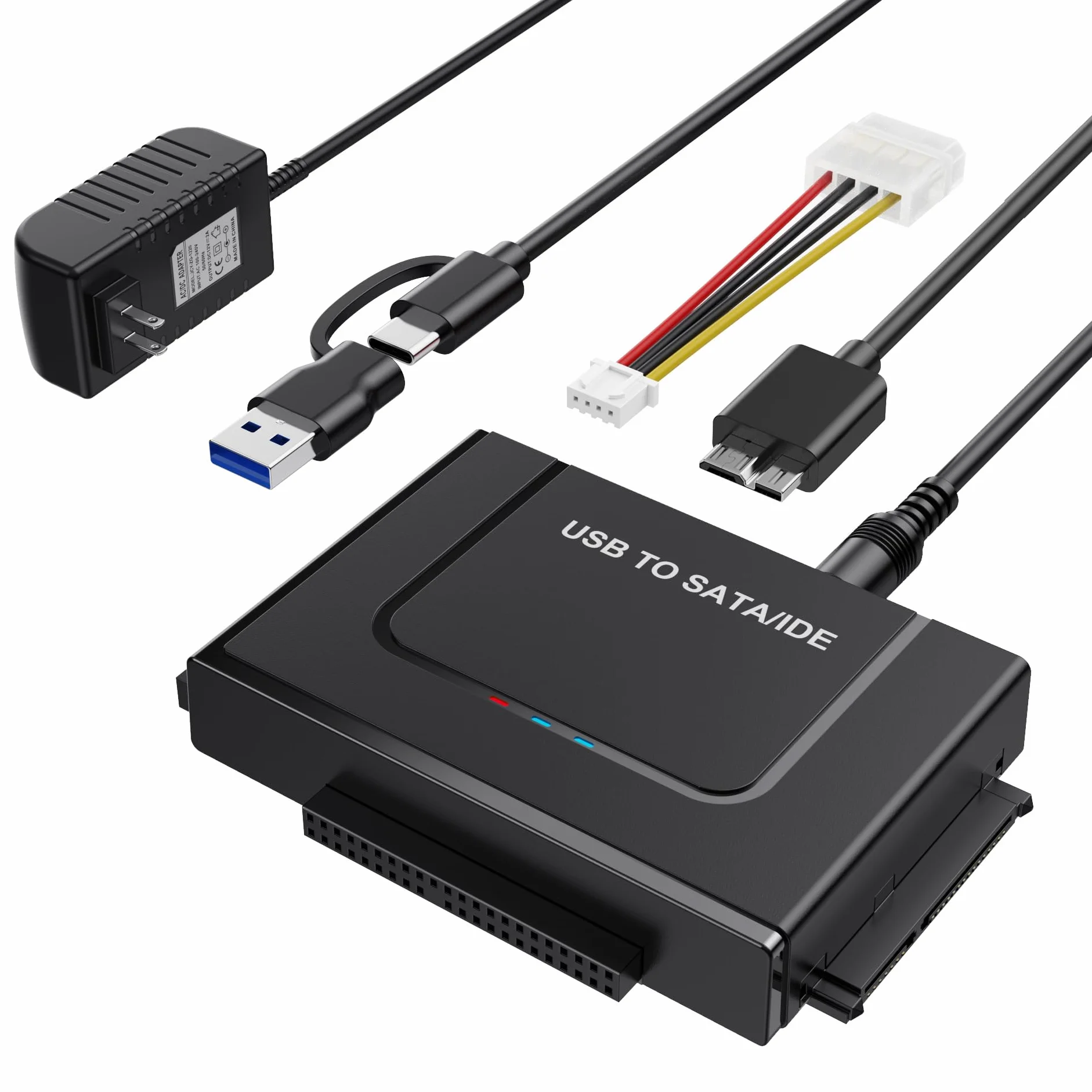 Adaptador USB 3.0 a IED SATA, convertidor de lector de disco duro externo SATA adaptador USB para HDD SSD de 2.5 pulgadas y 3.5 pulgadas con adaptador de corriente de 12/2 A