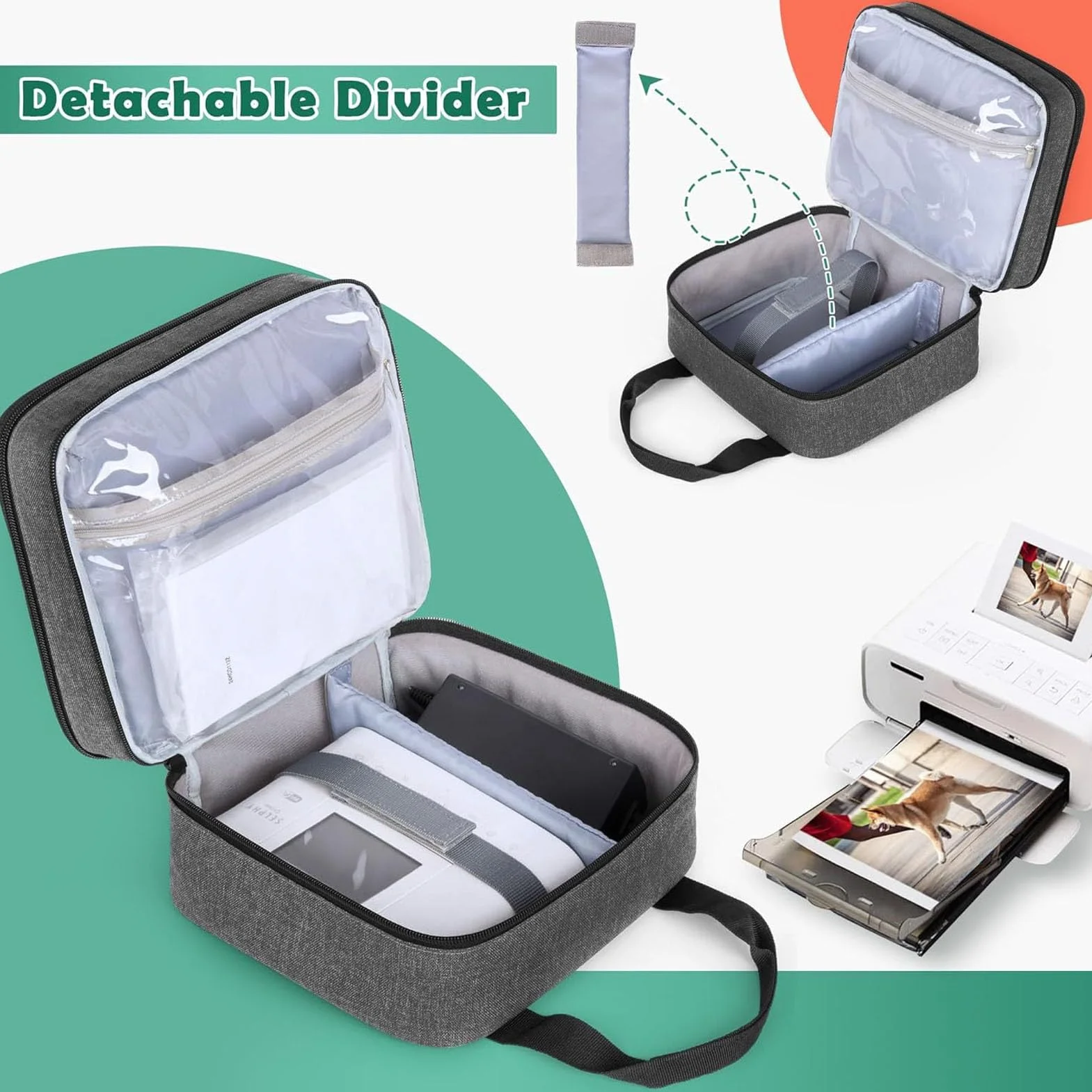 Goshyda Bolsa de Transporte para la Impresora Fotográfica Selphy CP1500 CP1300 CP1200, Estuche Portátil de Impresora con Divisor Ajustable, para Impresora de Almacenamiento y Accesorios