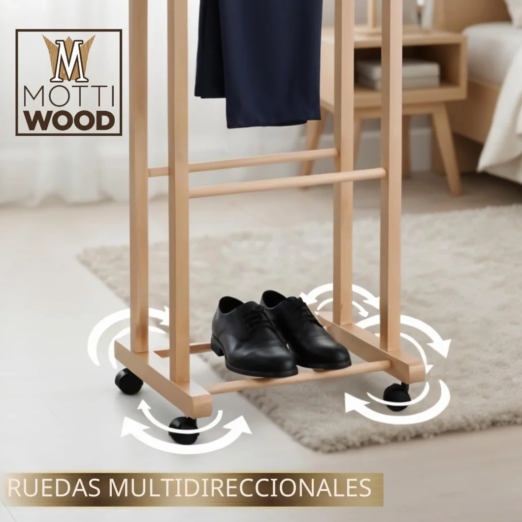Galán de noche perchero dormitorio madera haya natural Servo Mudo doble 4 ruedas fabricado Italia