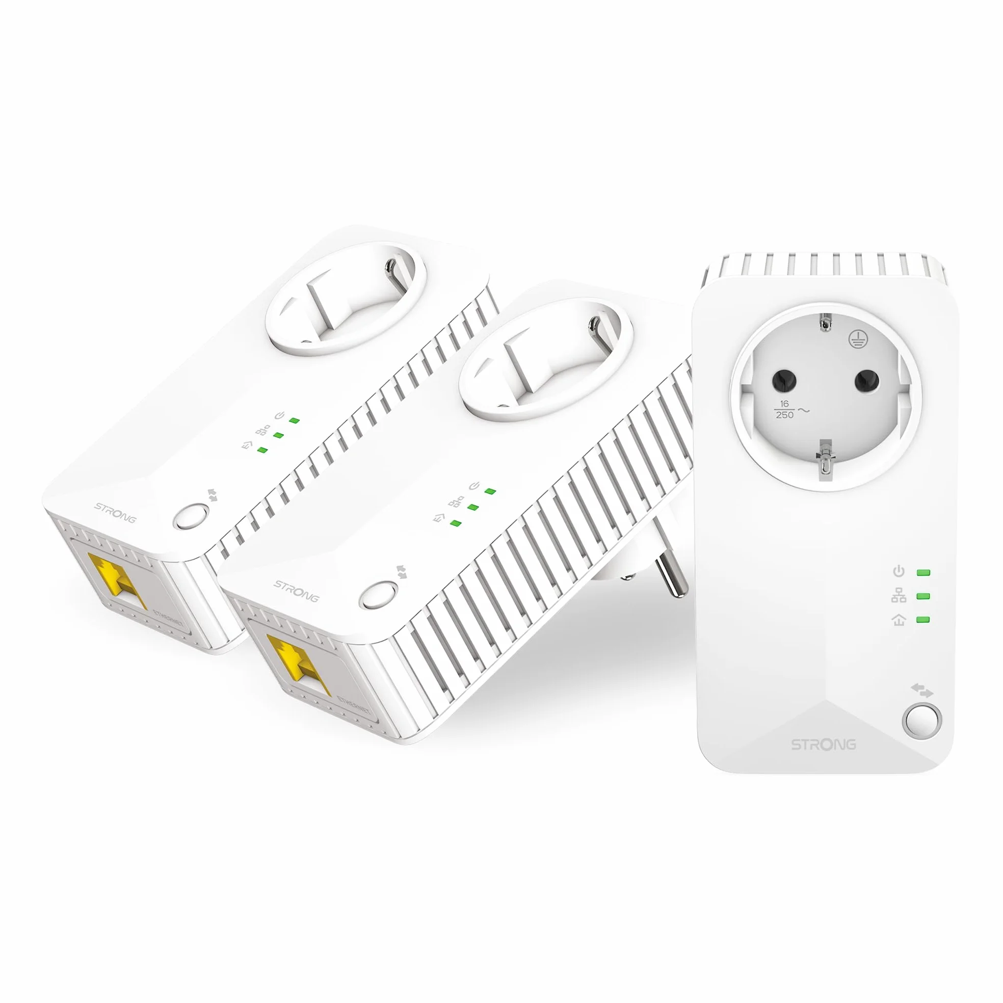 STRONG - Kit Powerline 600 - Triple Toma PLC - 600 Mbps - Compatible Box/Router - 1 Puerto Ethernet + Enchufe Filtrado - Instalación Plug & Play - Alta Velocidad - Blanco