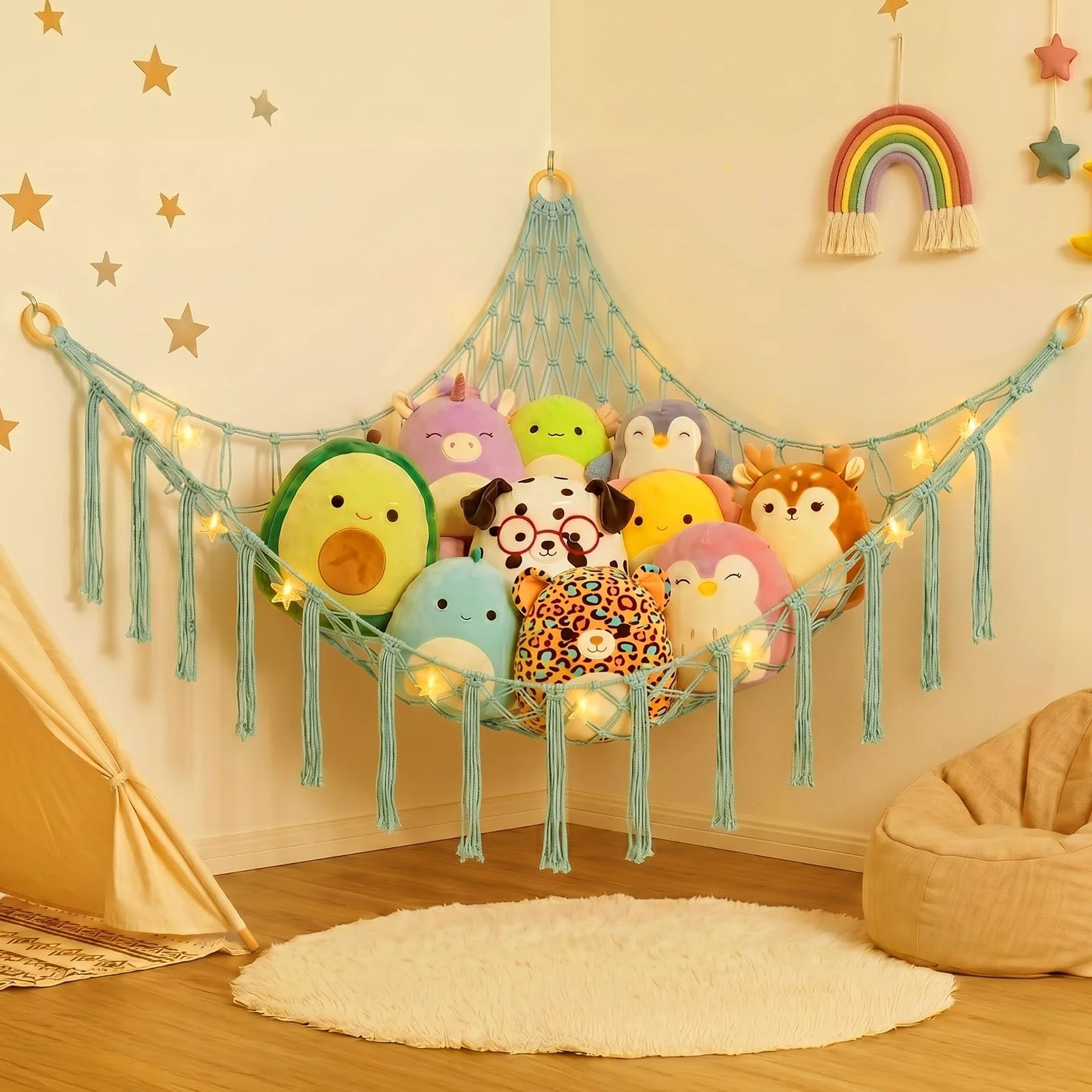 AUAUY Red de Almacenamiento de Peluche con Luces LED, Hamaca Boho Grande, Colgante Decoración Habitación Infantil Azul