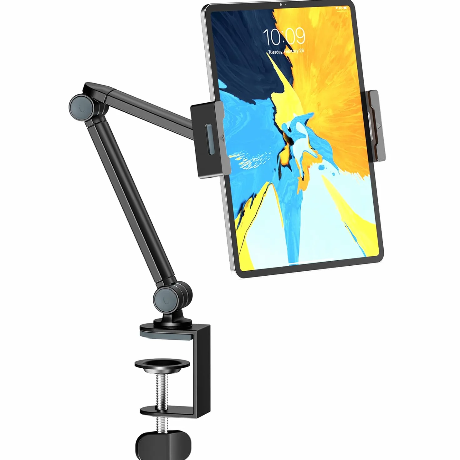 Soporte de Escritorio para Tablet, Ajustable con Brazo Flexible de Doble Eje y Base Giratoria 360°, Altura Regulable, Compatible iPad, Galaxy, Kindle, Móvil 4.7"-12.9", Negro