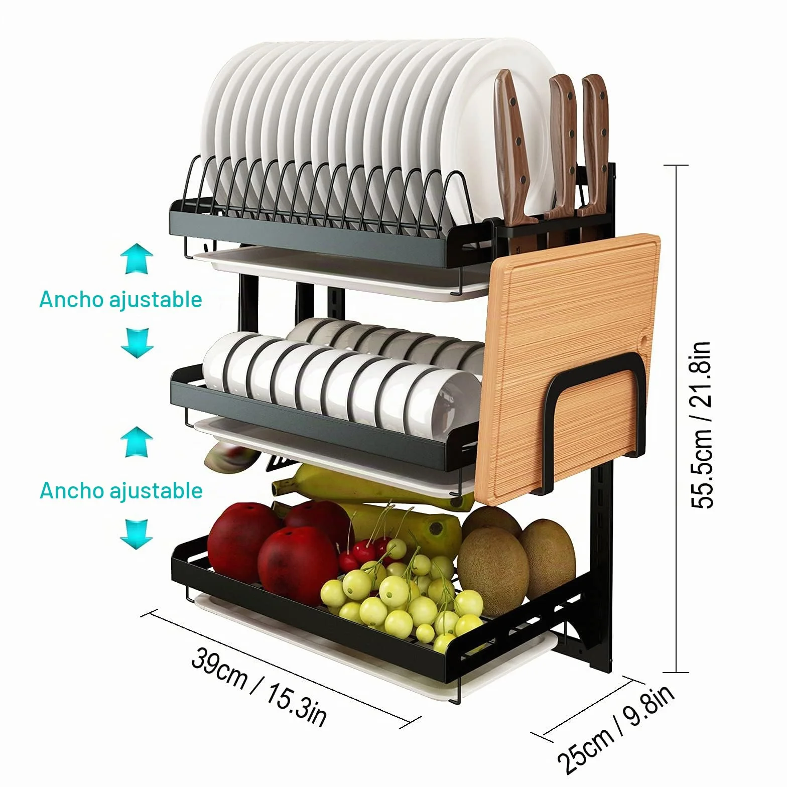 Estante de secado de platos de acero inoxidable montado en la pared, 3 niveles con escurridor
