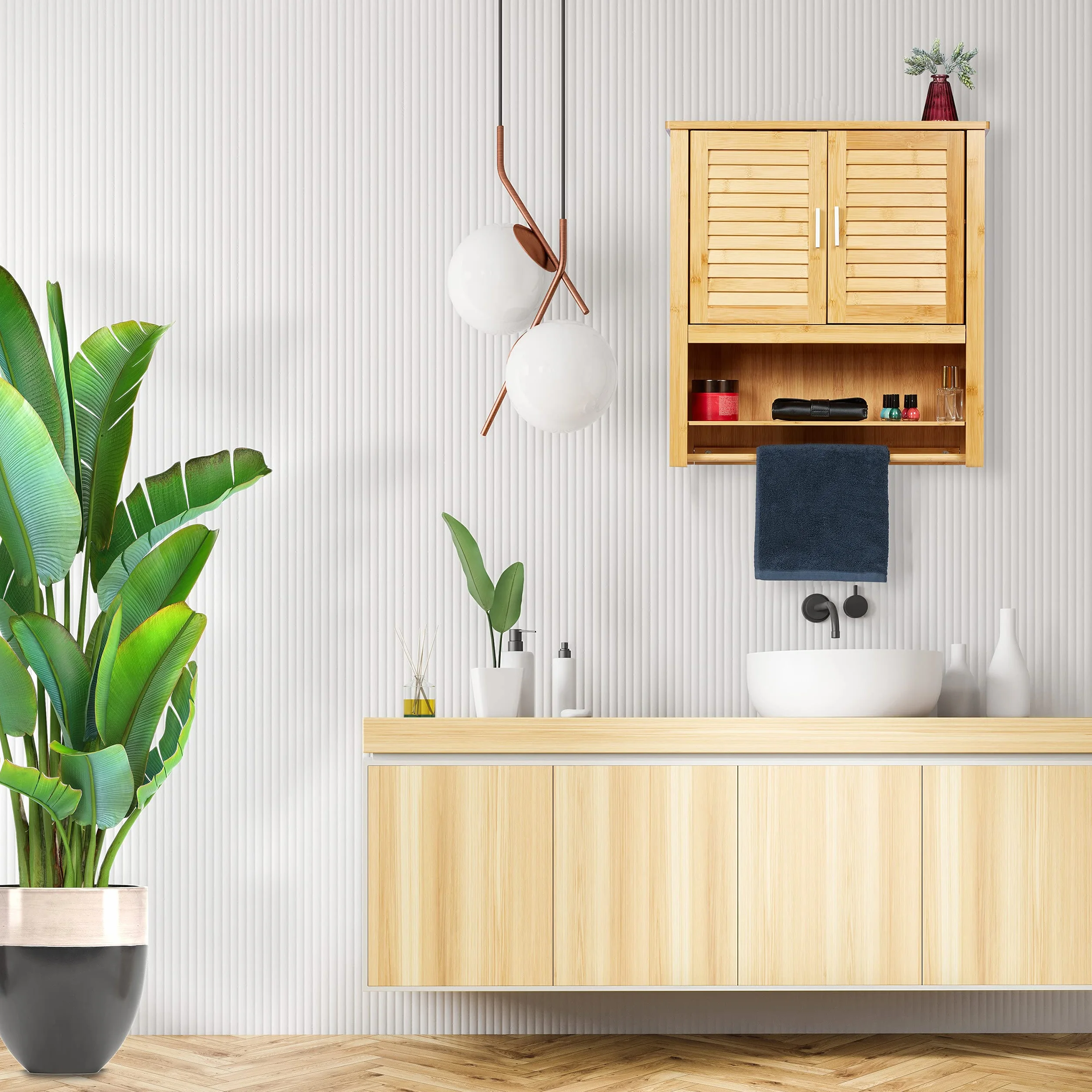 Relaxdays Estante de pared LAMELL bambú 66x62x20 cm 2 puertas color natural
