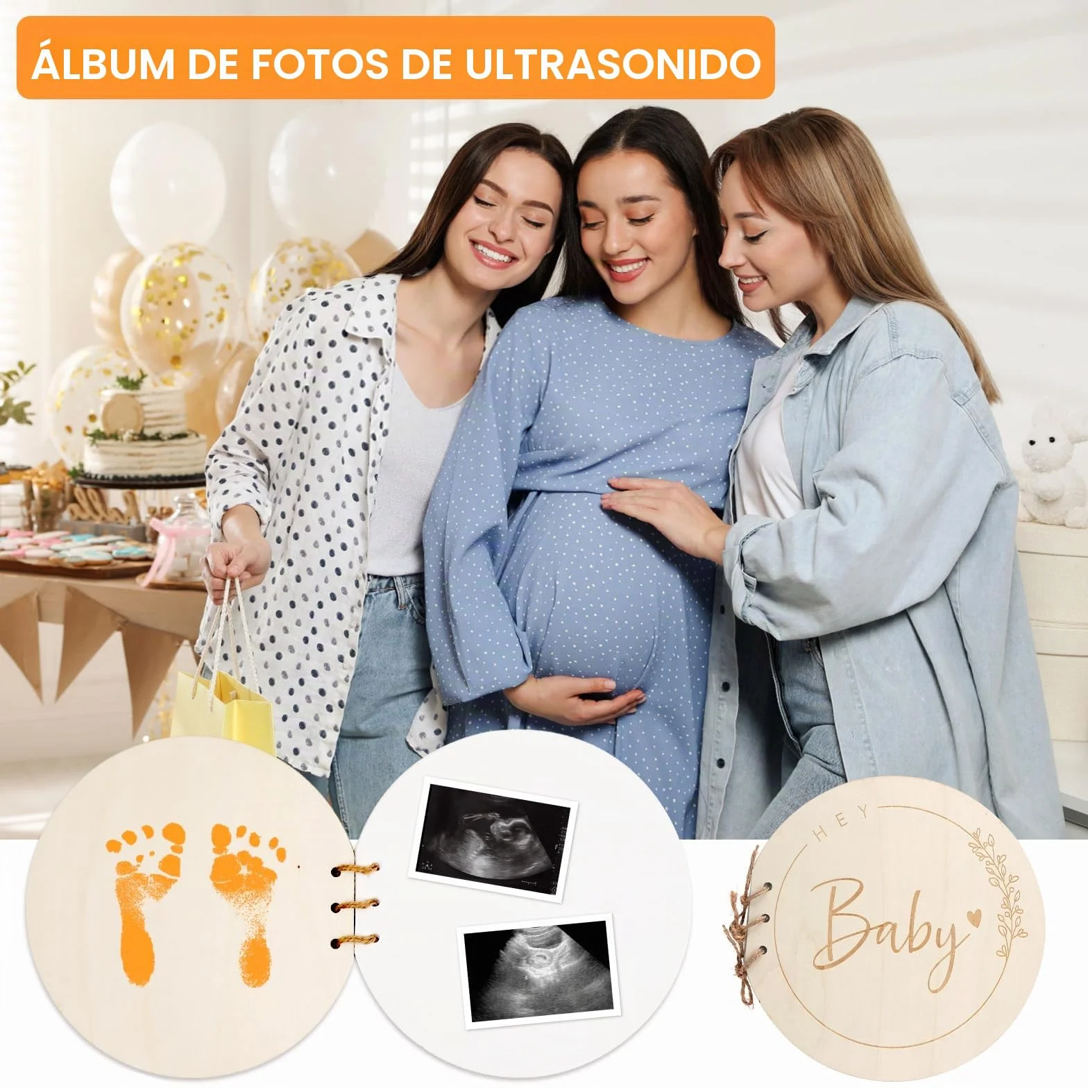 Libro de Visitas Hey Baby, Bebe para Baby Shower con Tapa de Madera, Recuerdos Bebe