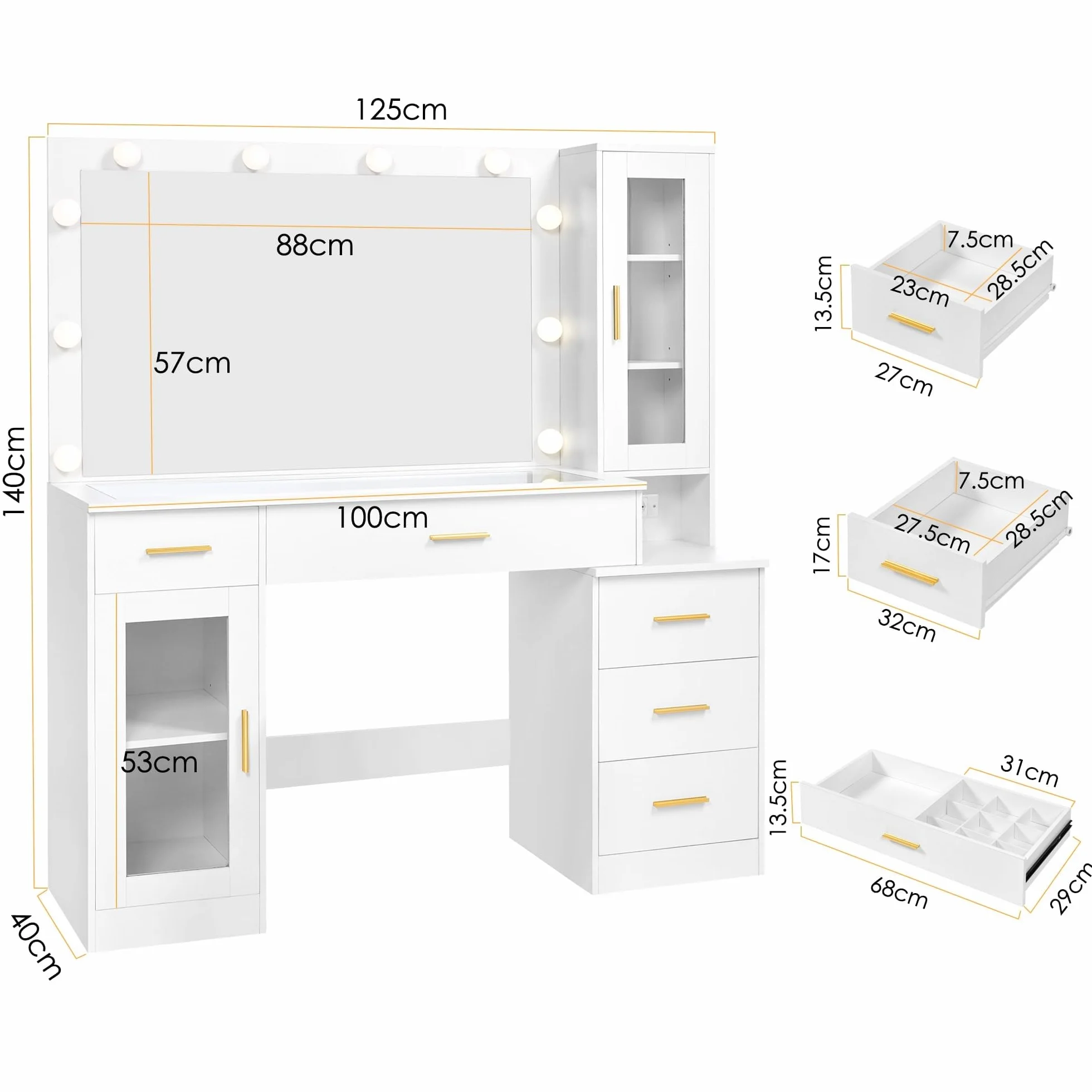 BEWISHOME Tocador con Espejo y Luces LED, Brillo Ajustable, 5 Cajones, Blanco EFST34W