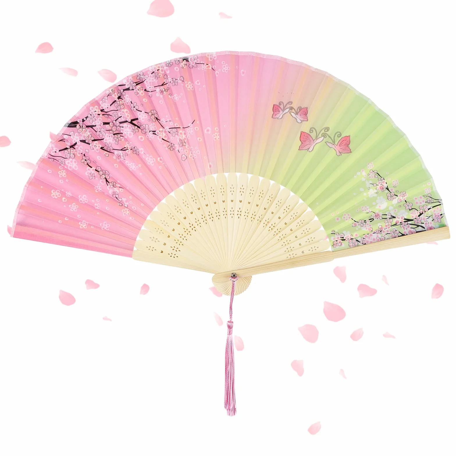 Abanico de bambú plegable chino con borla verde rosa