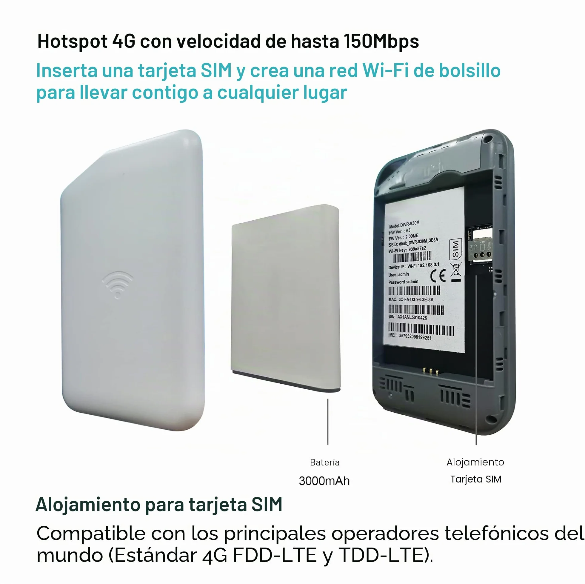 Mobile WiFi portátil Hotspot 4G LTE Sim Router 150 Mbps, batería Recargable de 3000 mAh, módem Wi-Fi USB inalámbrico, sin configuración, para Viajes y en el Trabajo. No navegar, editar APN
